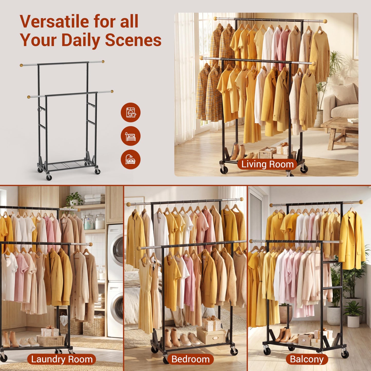 HRUSGO Rolling Garment Rack - Double Rod Clothes Rack with Lockable Casters, Mesh Storage Shelf & Anti-Slip Wooden Finials accented - Sleek Black Freestanding Closet Organizer for Coats, Dresses