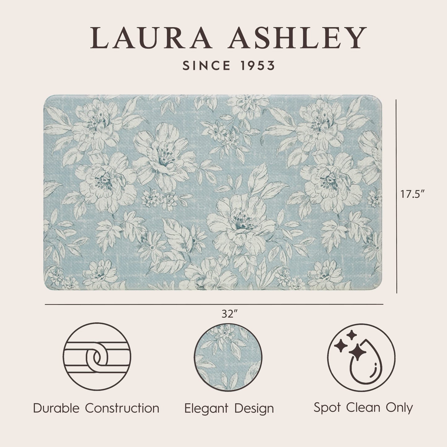 Laura Ashley - Anti-Fatigue Kitchen Mat, Iris Floral Design, Stain, Water & Fade Resistant, Cooking & Standing Relief, Non-Slip Backing, Measures 17.5" x 32", Light Blue Iris