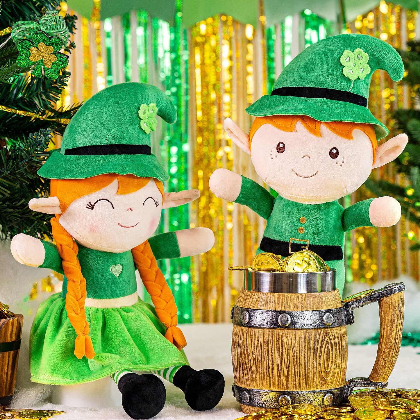 Gloveleya Plush Dolls Saint Patrick's Day Gifts Soft Blessings Doll Shamrock Wishes Plush Elf Baby Girl Gifts 16" Green