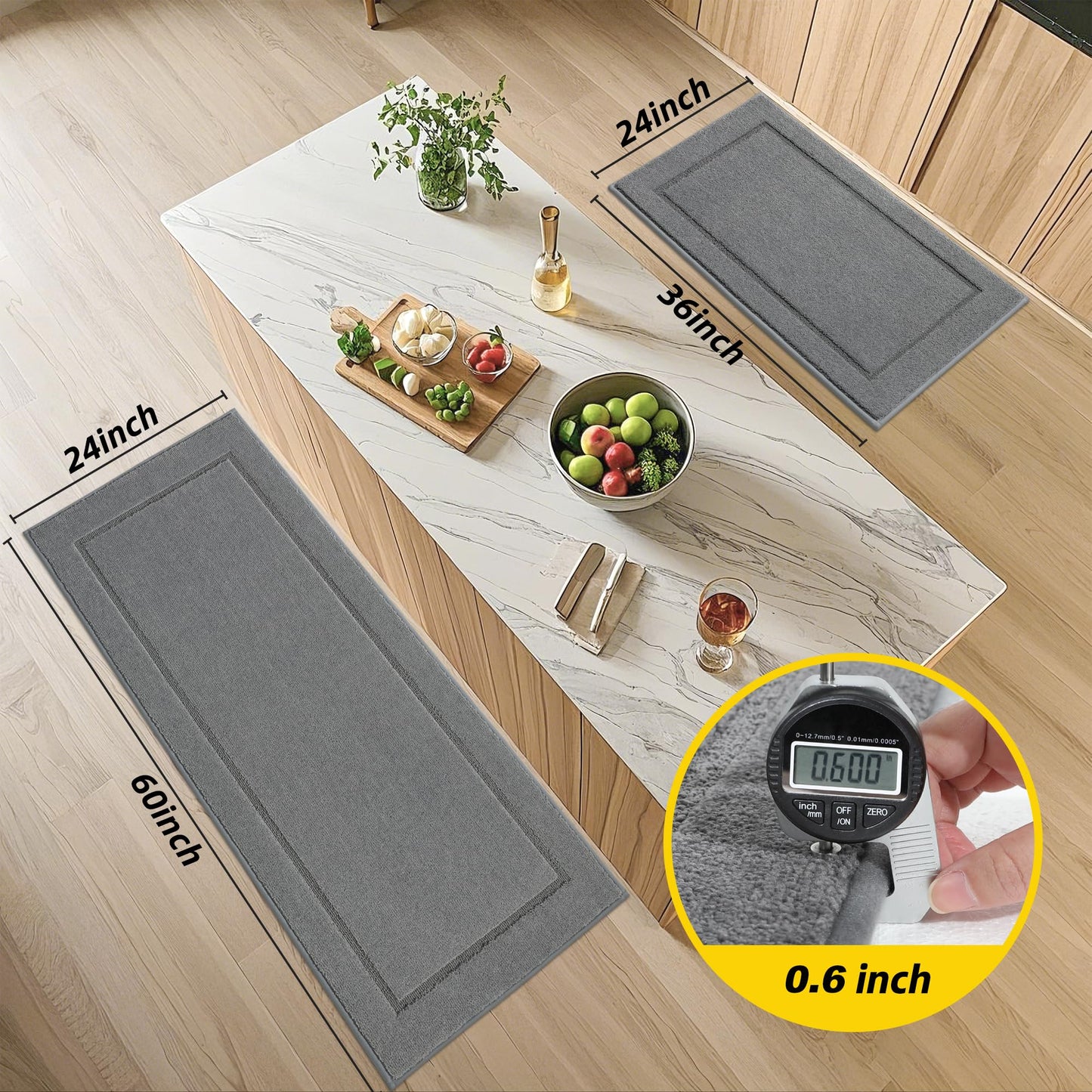 Non-Slip Kitchen Mats, Self Adhesive No Sliding Kitchen Rugs Set of 2, Soft Washable Absorbent Floor Rugs for Area Rug, Kitchen, Entrance, Bathroom, Laundry Room, Bedroom, 24”x36”+24”x60”, Light Grey