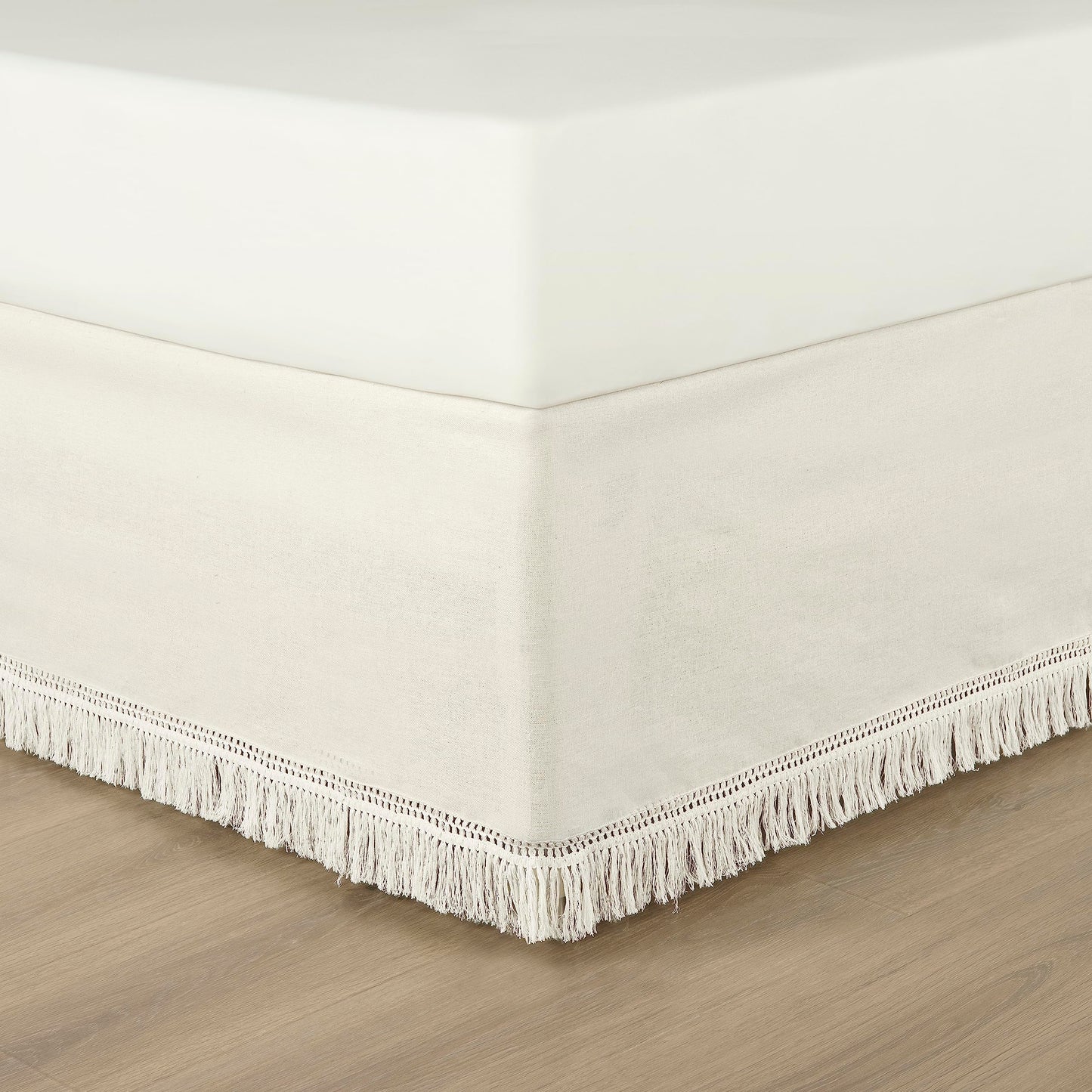 Lush Decor Boho Fringe 15-Inch Tailored Drop Easy Fit Bed Skirt King Size Single 78" W x 80" L +15" White - King Bed Skirt - Wrap Around Bed Skirt