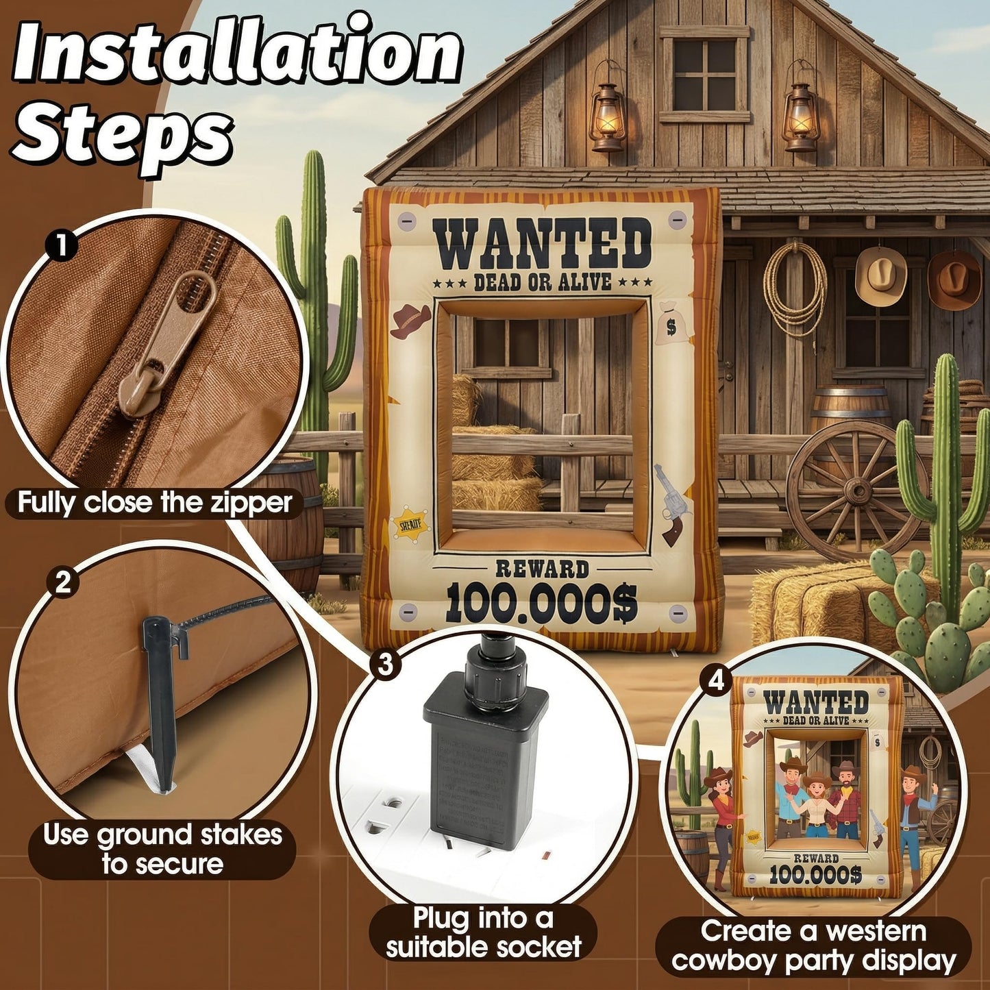 Western Party Decorations 7FT Inflatable Wanted Poster Frame, Rodeo Party Decorations, Wild West Party Backdrop with Western Photo Booth Props for Cowboy Birthday Party