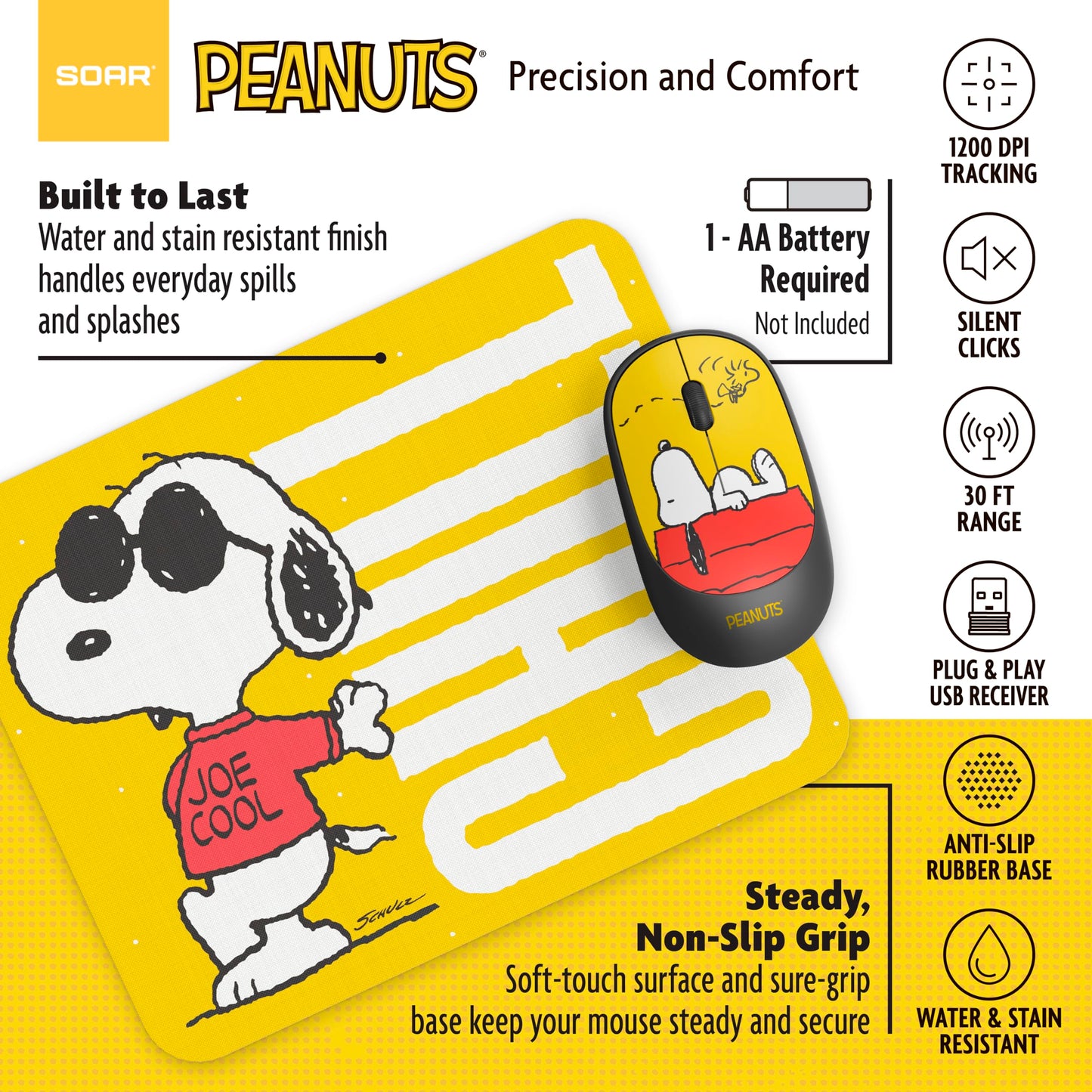 SOAR Peanuts Mouse & Mouse Pad Combo Yellow- Chill