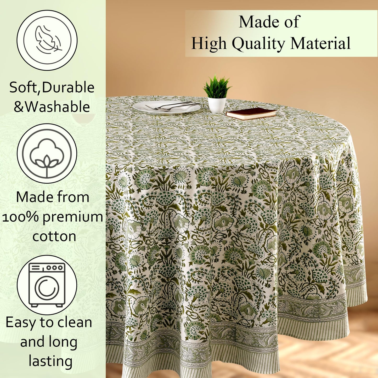 CPC Round Tablecloth- Cotton Indian Block Print Tablecloth -Handmade Printed Washable Cotton Table Cloth - Spring/Summer, Wedding Table Cover - Agate Green 90 Inch