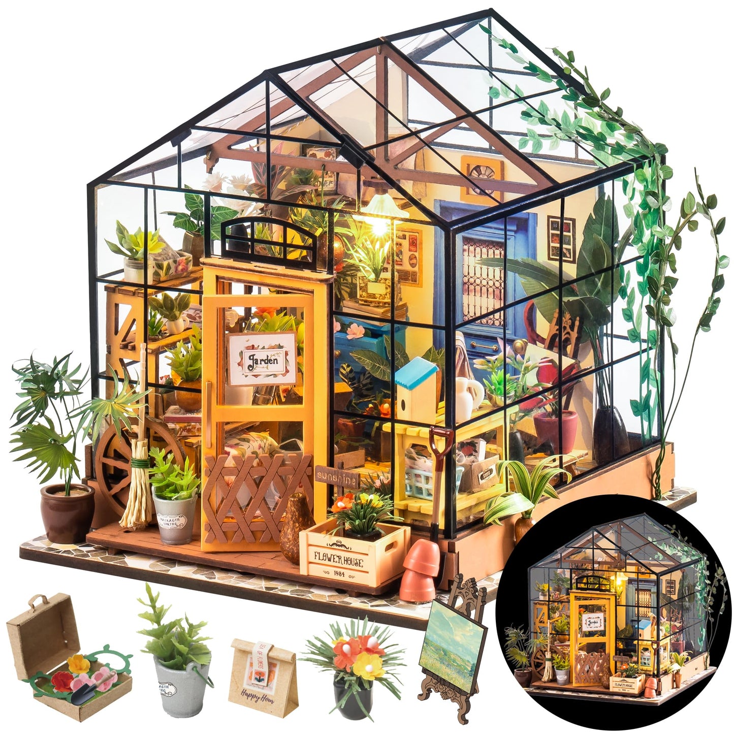 Rolife DIY Miniature House Kit Greenhouse, Tiny Home Kit for Adults to Build, Mini House with Furnitures, Halloween/Christmas Decorations/Gifts for Family and Friends (Cathy's Greenhouse)