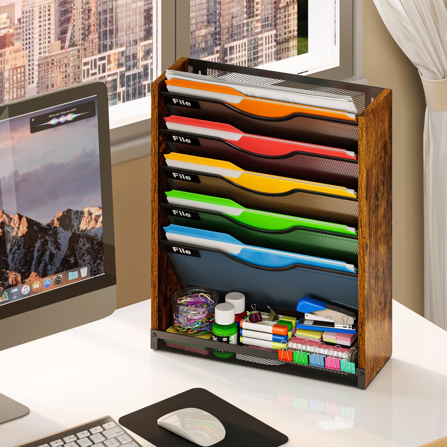 6-Tier Wall File Organizer with Bottom Tray, Ironwood Mail Organizer Wall Mounted with Metal Mesh, Document Organizer for Paper, Folder, Magazine, Office Desk Accessories for Home Cubicle Countertop