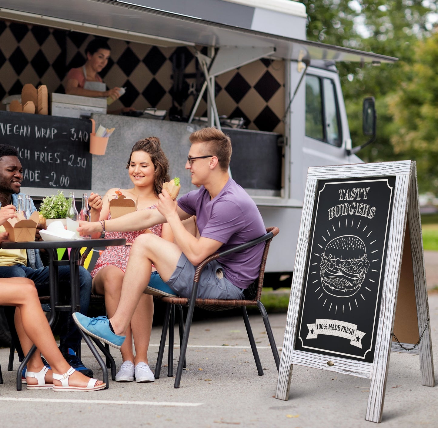 A Frame Chalkboard with Chalk Markers by HBCY Creations: 40x20 Solid Wood A-Frame Sign Whitewash Double-Sided Magentic Menu Board, Deluxe Set Includes 8 Chalk Markers, 10 Stencils, 2 Magnets