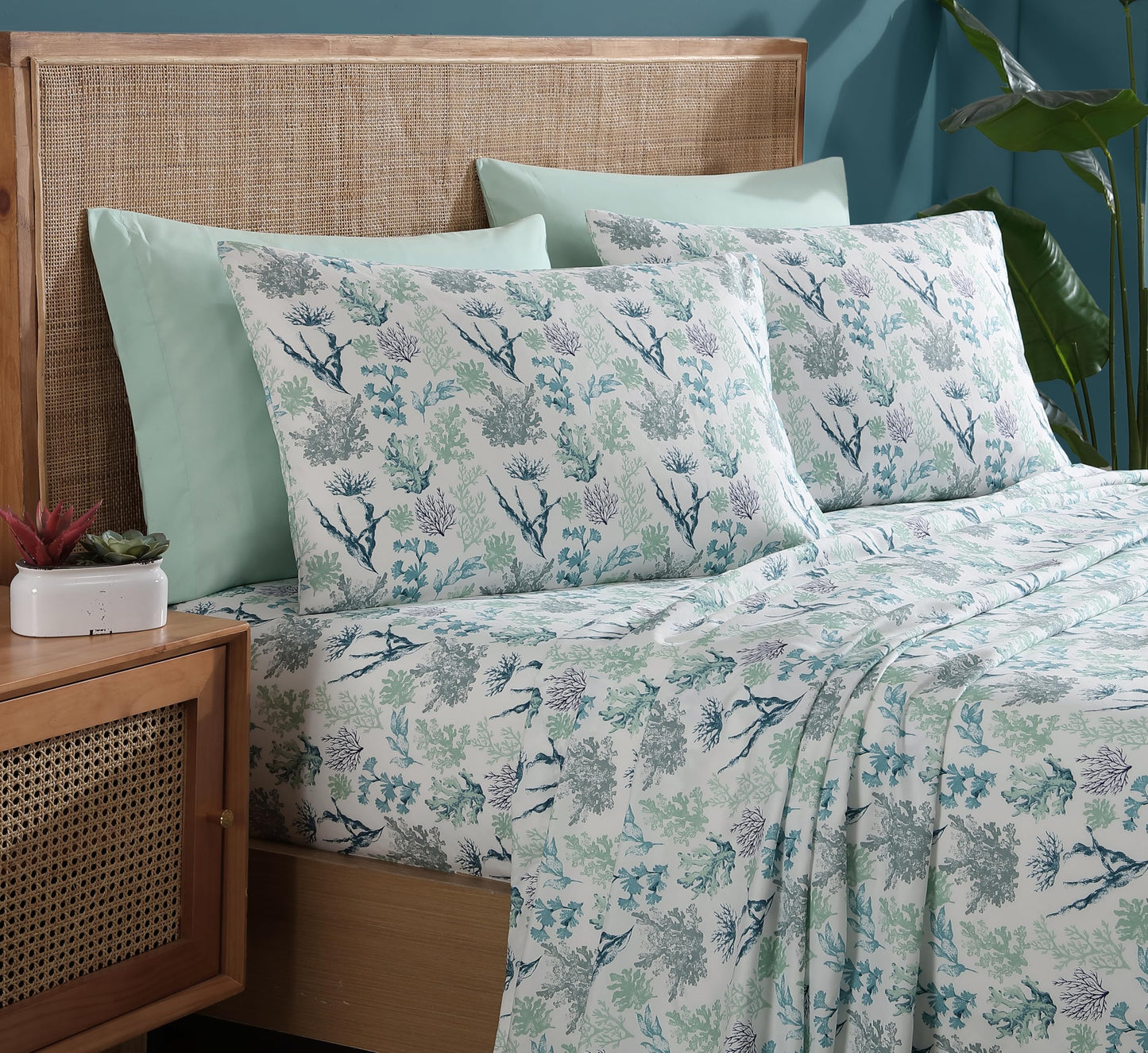 Caribbean Joe 6-Piece Sheet Set with Cooling Pillowcases, 12-inch Deep Pockets, Tropical Beach Coastal Design, King, Ariel