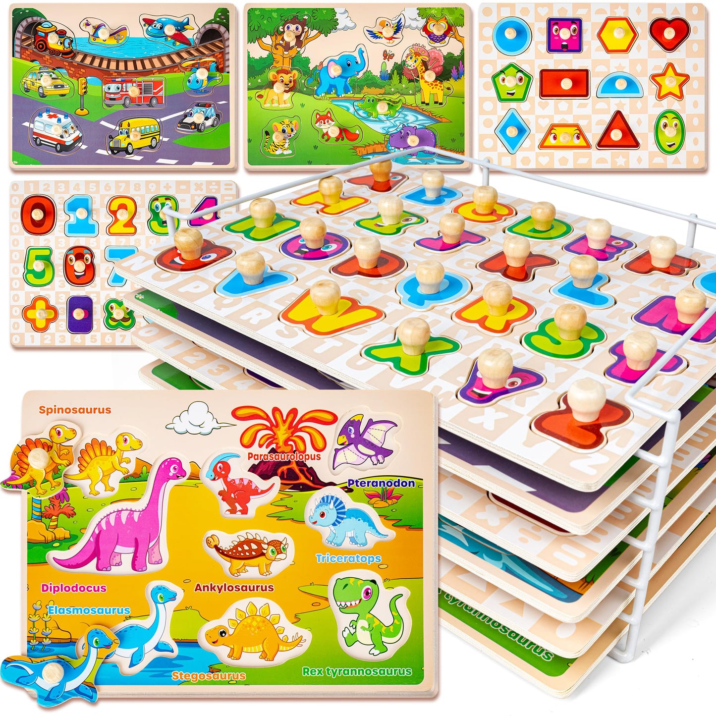 SYNARRY Wooden Puzzles for Toddlers 1-3, 6XSET Puzzles for Toddlers 2-4 with Rack, Learning Alphabet Number Animal Dinosaur Vehicle Gifts for Kids, Education Toys for 2 3 Years Boys Girls