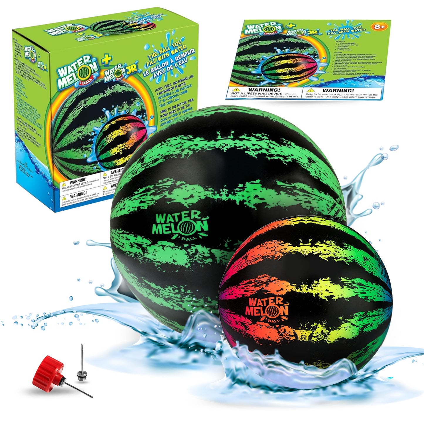 Watermelon Ball Pool Toys for Adults and Family - 2 Pack of 6 1/2" & 9" Kids, Teens, Everyone Swimming Games, Water Football, Tag, Diving Beach Play Fun Accessories