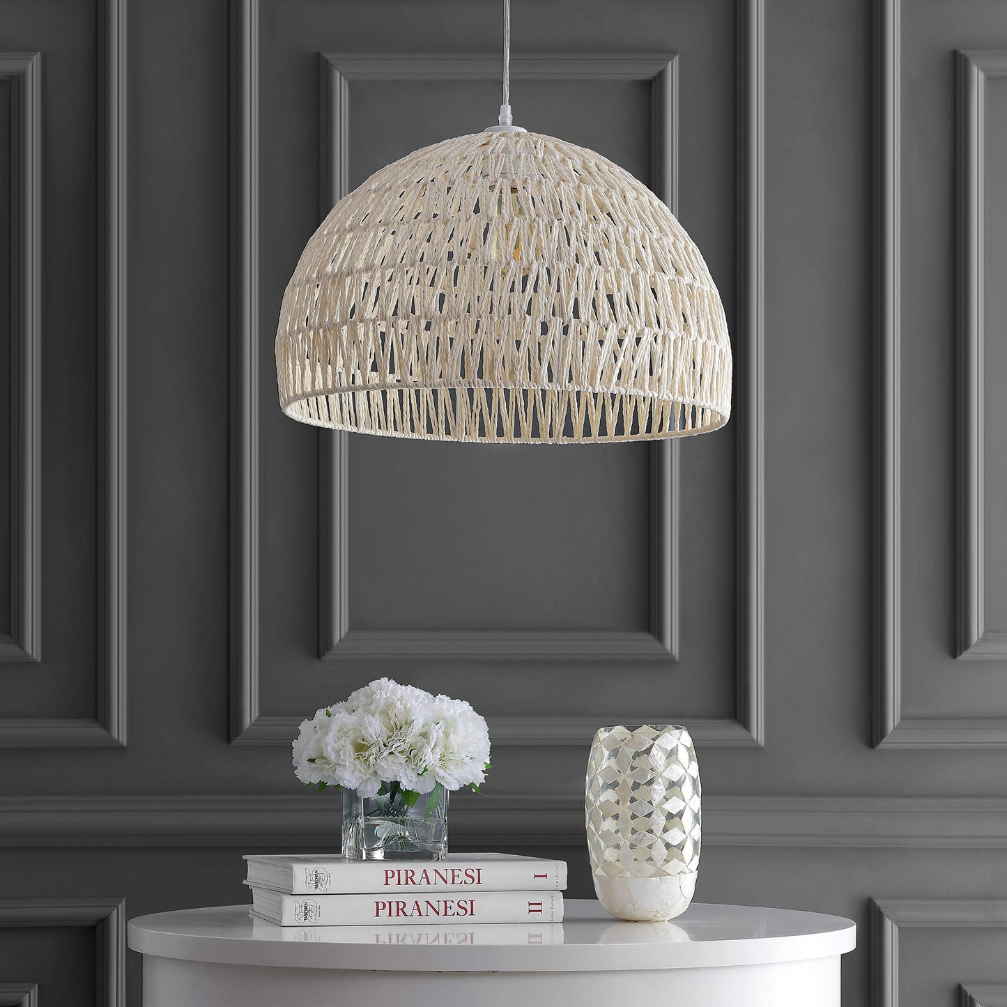 JONATHAN Y JYL6504A 20" Woven Dome Pendant Light, Bohemian Farmhouse Hanging Light Fixture with Adjustable Height for Kitchen Island, Dining Room, Living Room, Coastal Rope Ceiling Lamp, Cream
