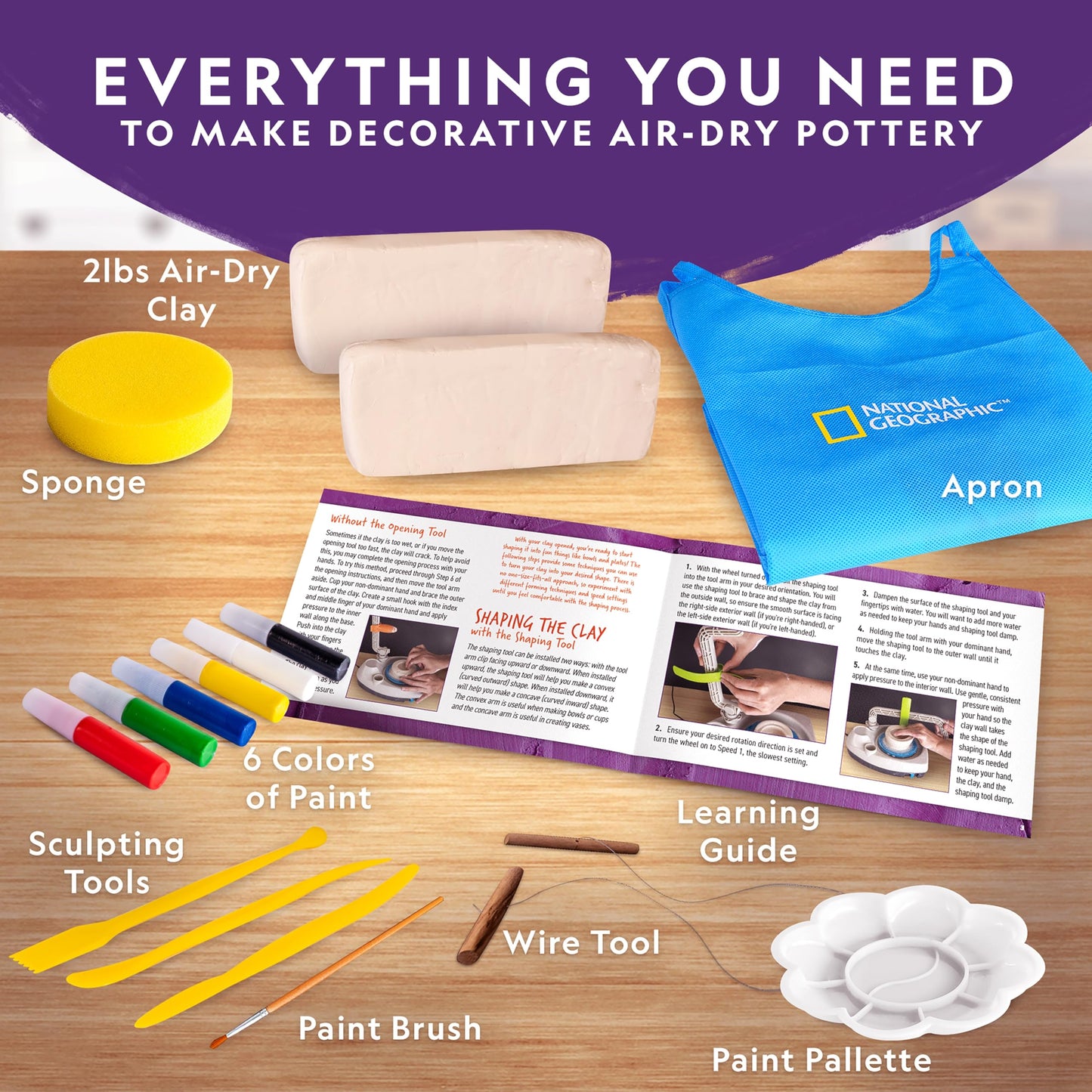 NATIONAL GEOGRAPHIC Kid’s Pottery Wheel – Complete Pottery Kit for Beginners, Electric Motor, 2 lb Air Dry Clay, Sculpting Clay Tools, Patented Integrated Arm, Apron & More, Great Craft Kit for Kids