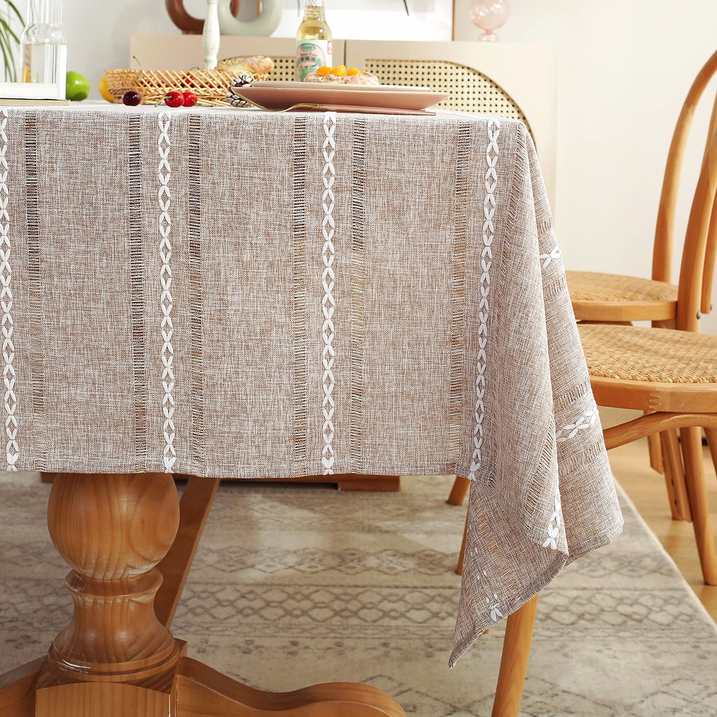 Chassic 60 x 104 inches Farmhouse Style Linen tablecloths, Wrinkle Resistant Washable Dining Room Table Cloths for 6 Foot Rectangle Tables - Hemstitch Light Coffee