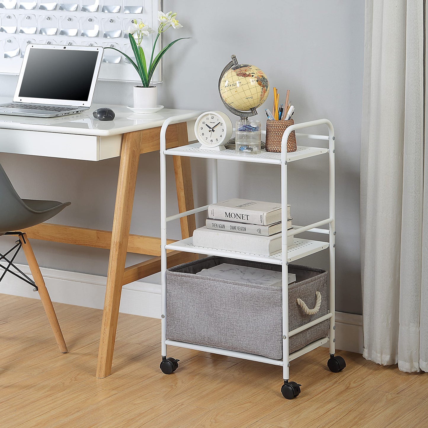 SunnyPoint 3-Tier Rolling Utility Cart – Metal Storage Organizer with Wheels, Mobile Kitchen Cart, Office & Home Organizer, White, 12" D x 16.92" W x 31.1" H