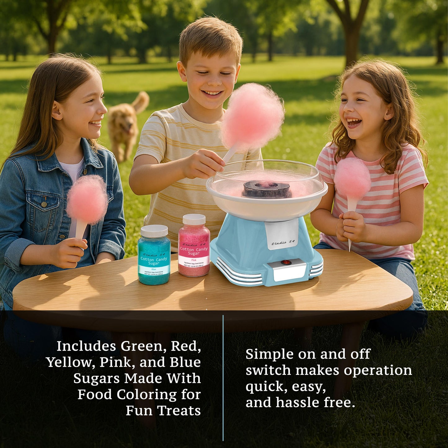 Studio 54 Retro Cotton Candy Machine with 5 Jars (11oz Each) Floss Sugar, 50 Paper Cones, Easy Cleanup Cotton Candy Maker, Durable Retro Design, Makes 20–30 Servings per Jar, BPA & Lead Free