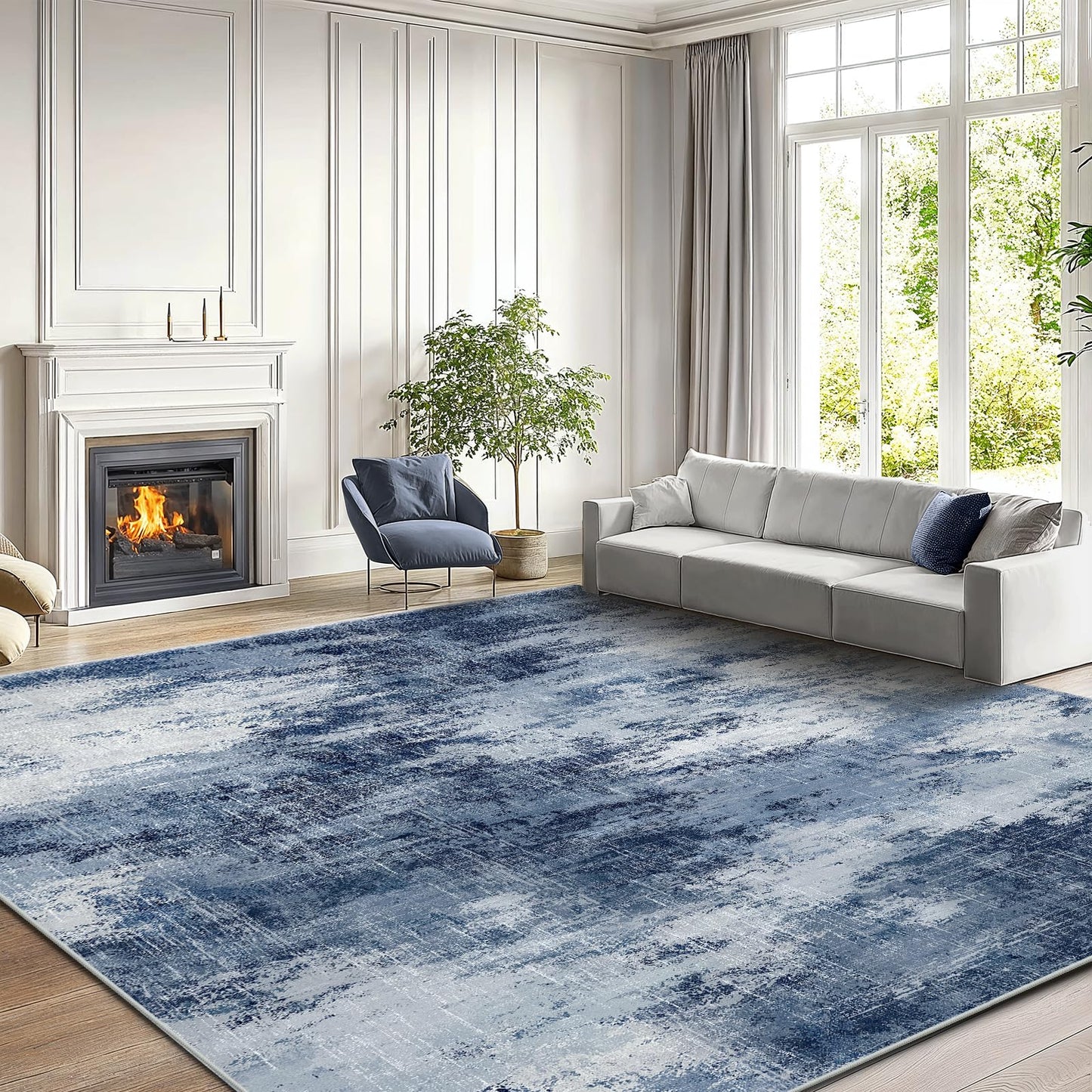 AMADA HOMEFURNISHING 8x10 Area Rugs for Living Room, Modern Washable Rug with Non-Slip Backing & Low Pile, Large Rug with Abstract Print Pattern for Bedroom, Dinning Room,Home Office, Dark Blue