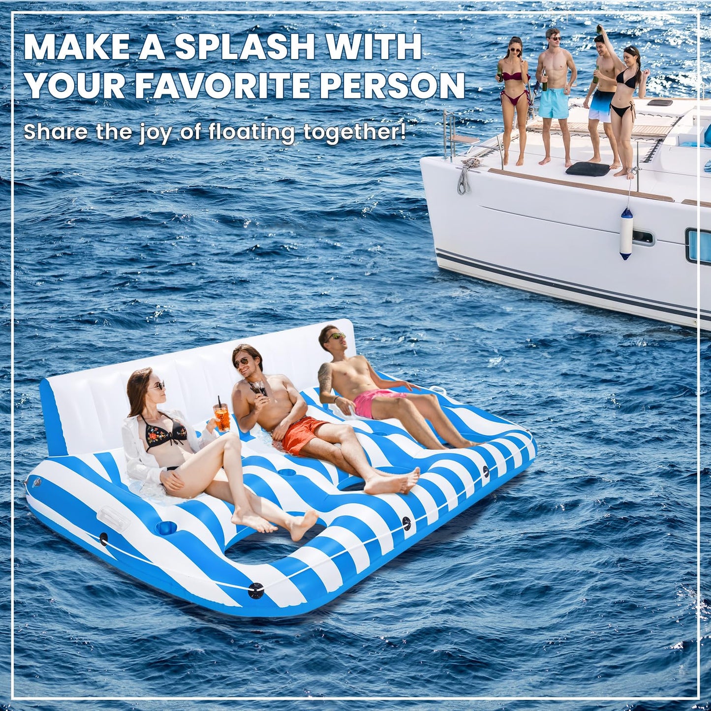 SULDUO 3 Person Inflatable Pool Lounger Float for Adults, Giant Pool Floats Chair Lounge with 3 Backrests and Cup Phone Holder, Water Tanning Pool Raft Party Toys for Outdoor, Beach, Lake, River, Sea