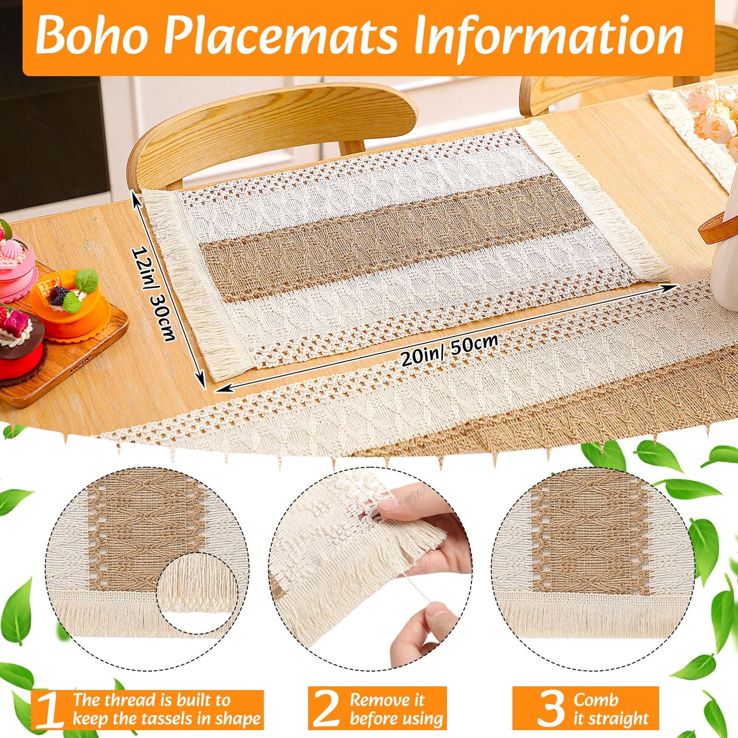Gandeer 6 Sets Boho Decoration Placemats Round Woven Placemats, Cloth Napkins, Wood Bead Napkin Rings, Long Table Runner and Farmhouse Burlap Cotton for Table Kitchen (Khaki,12x72)
