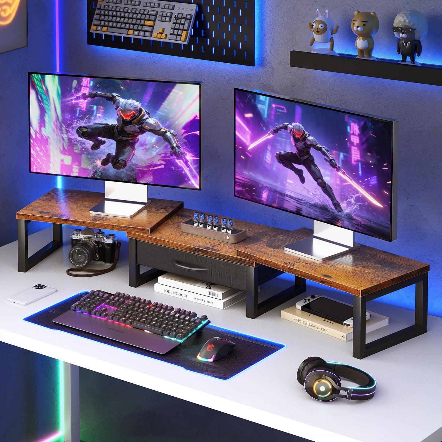 HEWORLIF Desk Organizers and Accessories, Dual Monitor Stand Riser with Drawer, Computer Monitor Stand, Adjustable Desk Shelf for PC Laptop Printer TV, Brown