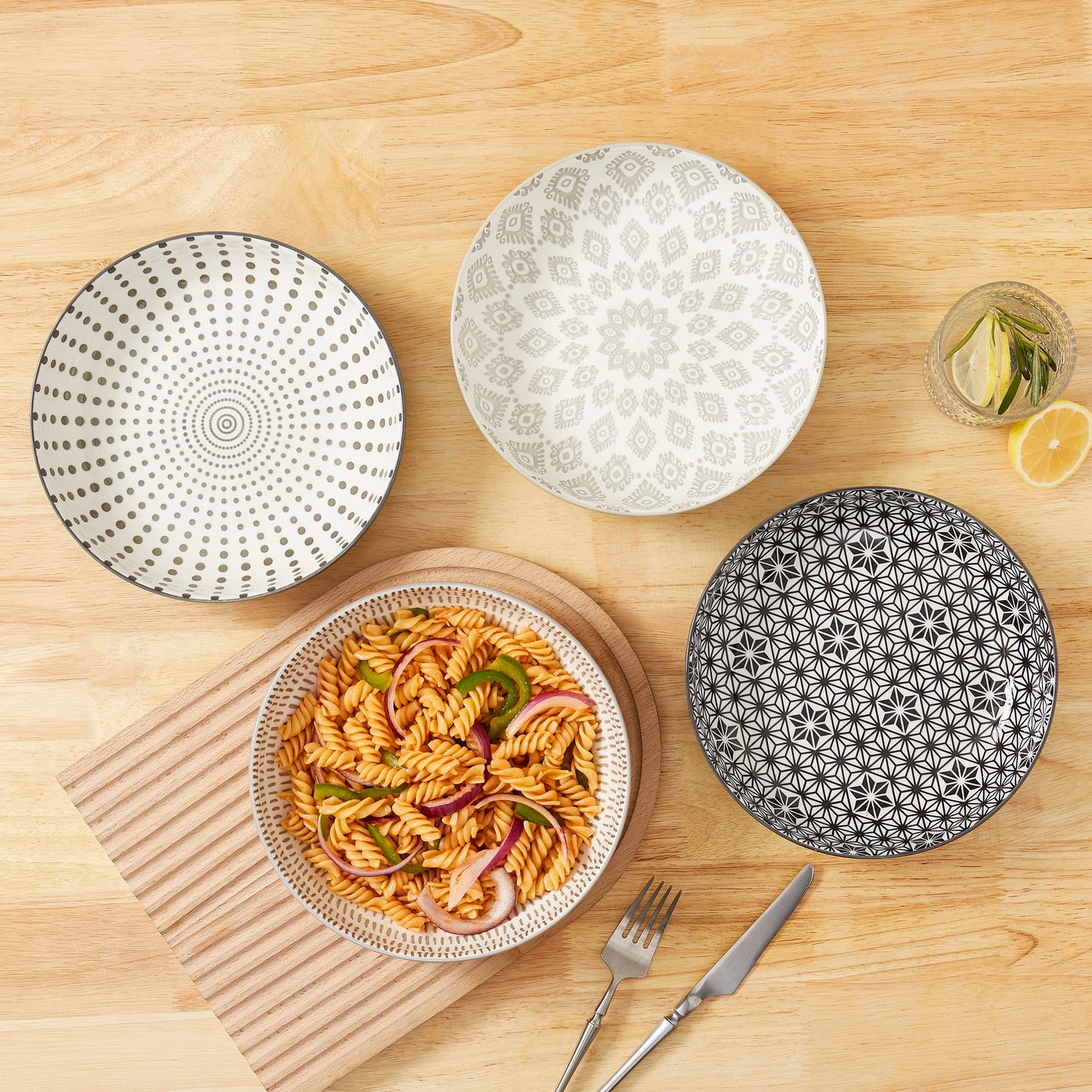 Signature Housewares 36 OZ Shallow Dinner Bowls/Deep Plates Perfect for Spaghetti and Salads - Set of 4 - Large Ceramic Bowls - Colorful Pasta Bowls - Set of 4, Multi-tone Neutral