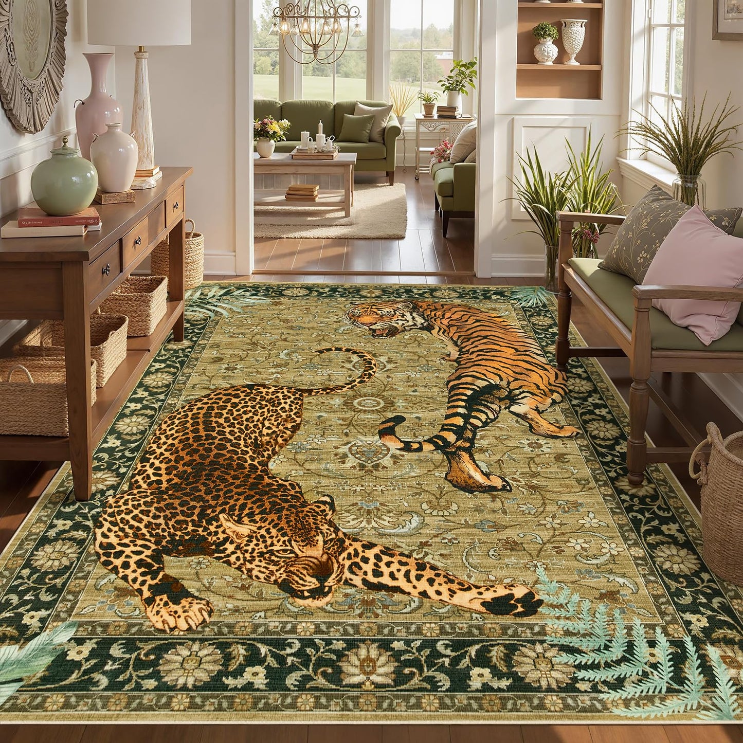 Joydeco Washable Tiger Print 5x7 Living Room Area Rug, Vintage Boho Cheetah Dining Room Rug Non Slip, Leopard Stain Resistant Carpet for Bedroom Office Playroom Entryway, Camel