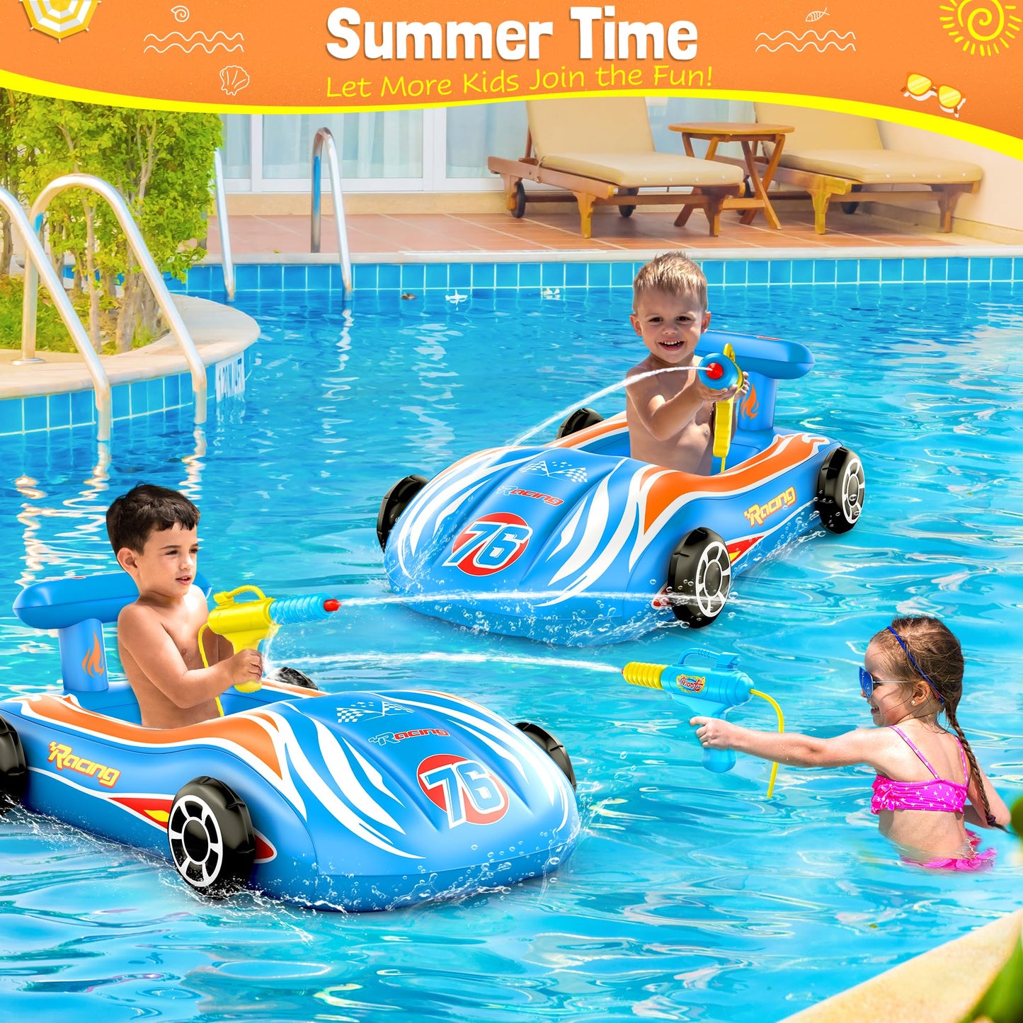 ZIZZ Pool Floats Kids Toys with Water Gun - Inflatable Ride-on Pool Toys for Kids Ages 4-8 Race Car Toddlers Pool Float Summer Outdoor Swimming Pool Toys Games for Boys Girls Fun Summer Water Toys