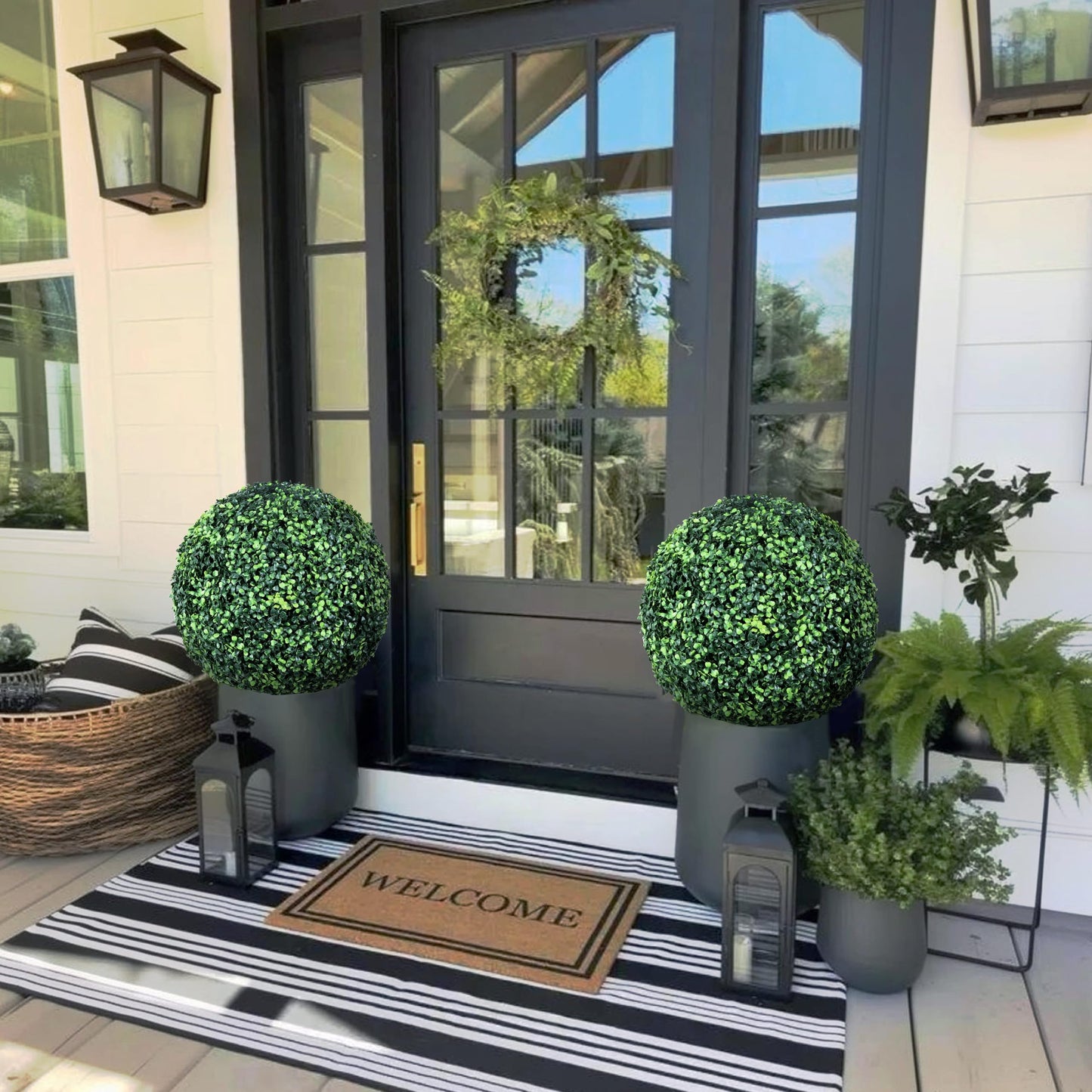 Decwin 19 Inch 2 Packs Artificial Boxwood Balls Topiary Balls, 4 Layers of UV-Resistant Greenery Balls Indoor Outdoor Garden, Backyard, Patio, Front Door – Assembly Required