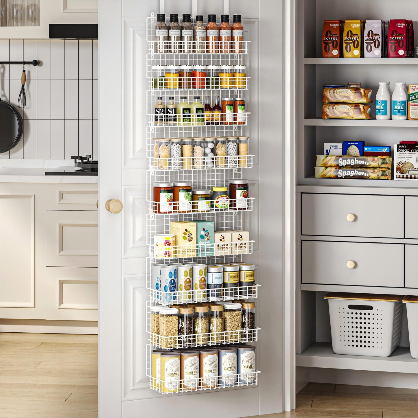 JKsmart 9-Tier Spice Rack Organizer with Door Hook, Wall Mount, and Extra Large Capacity for Pantry – Stylish White Design for Effortless Organization, Ultimate Kitchen Storage Solution