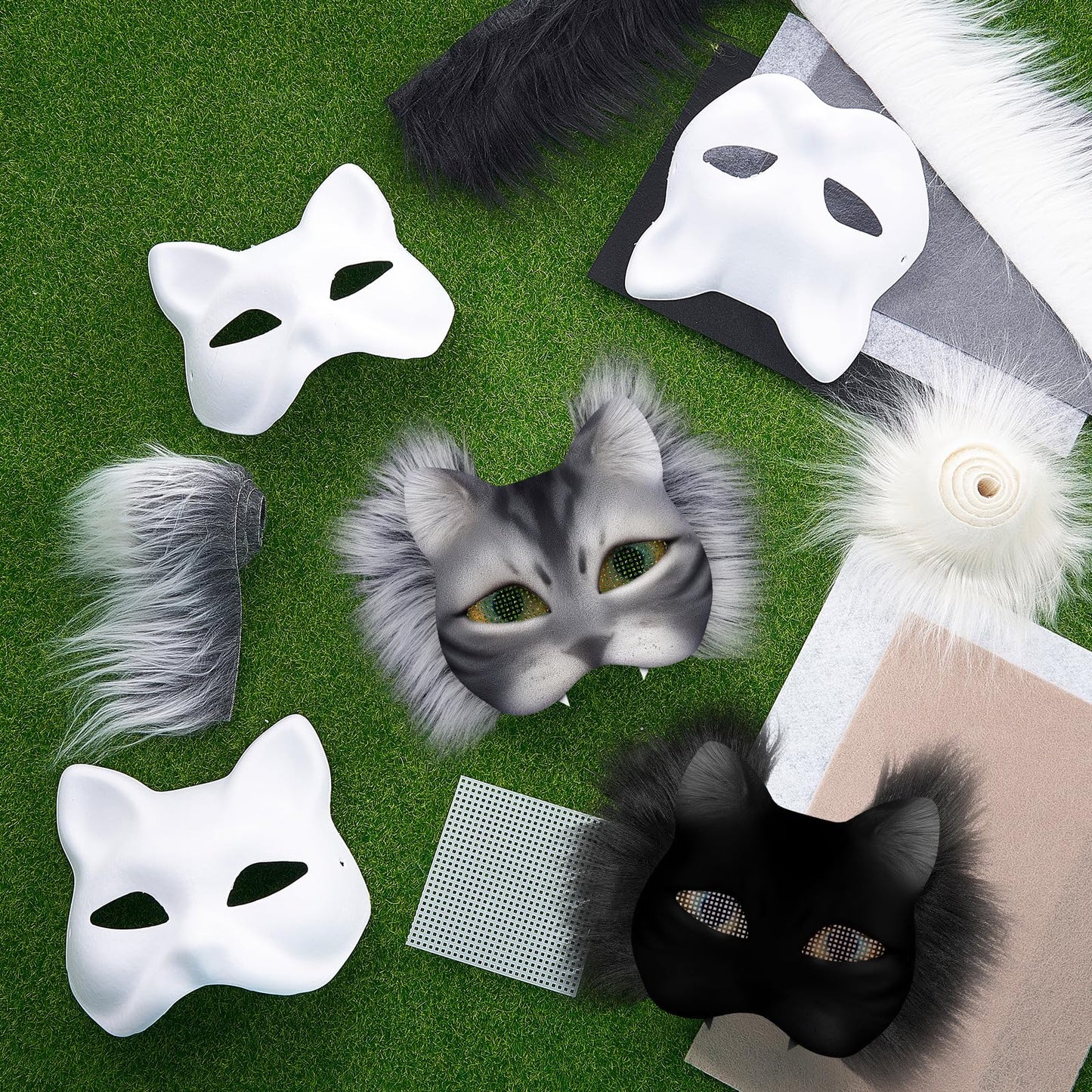 Seenelling 60 Pcs DIY Therian Mask Kit Blank Cat Mask with Felt Fabric Sheet Plush Faux Fur Eye Mesh for Therian Gear Stuff