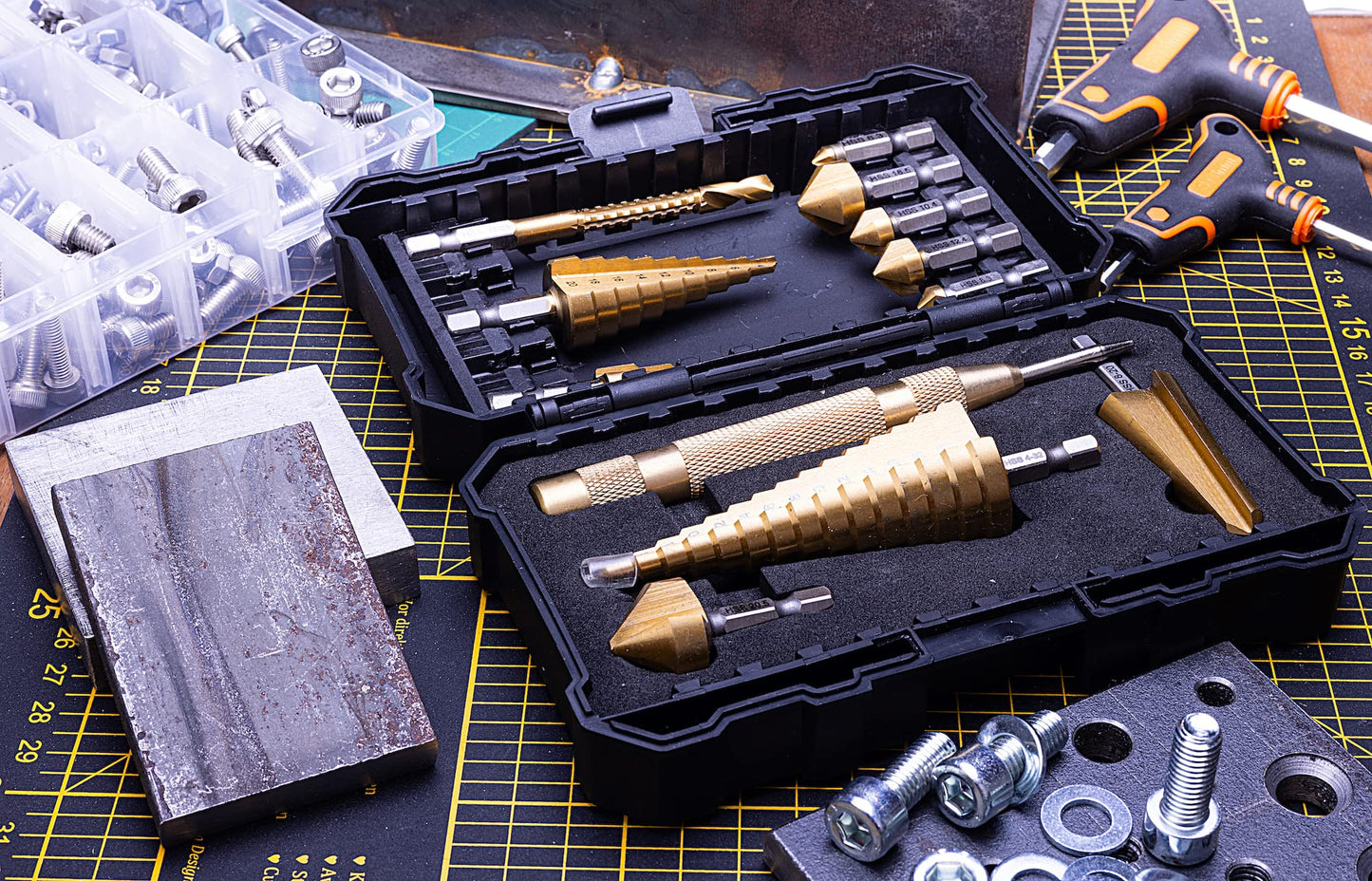 NordWolf 12-Piece HSS Titanium Metric Step, Countersink, Cone Drills with 1/4" Hex Shank, Multi Drill Saw & Automatic Center Punch Set in Storage Case