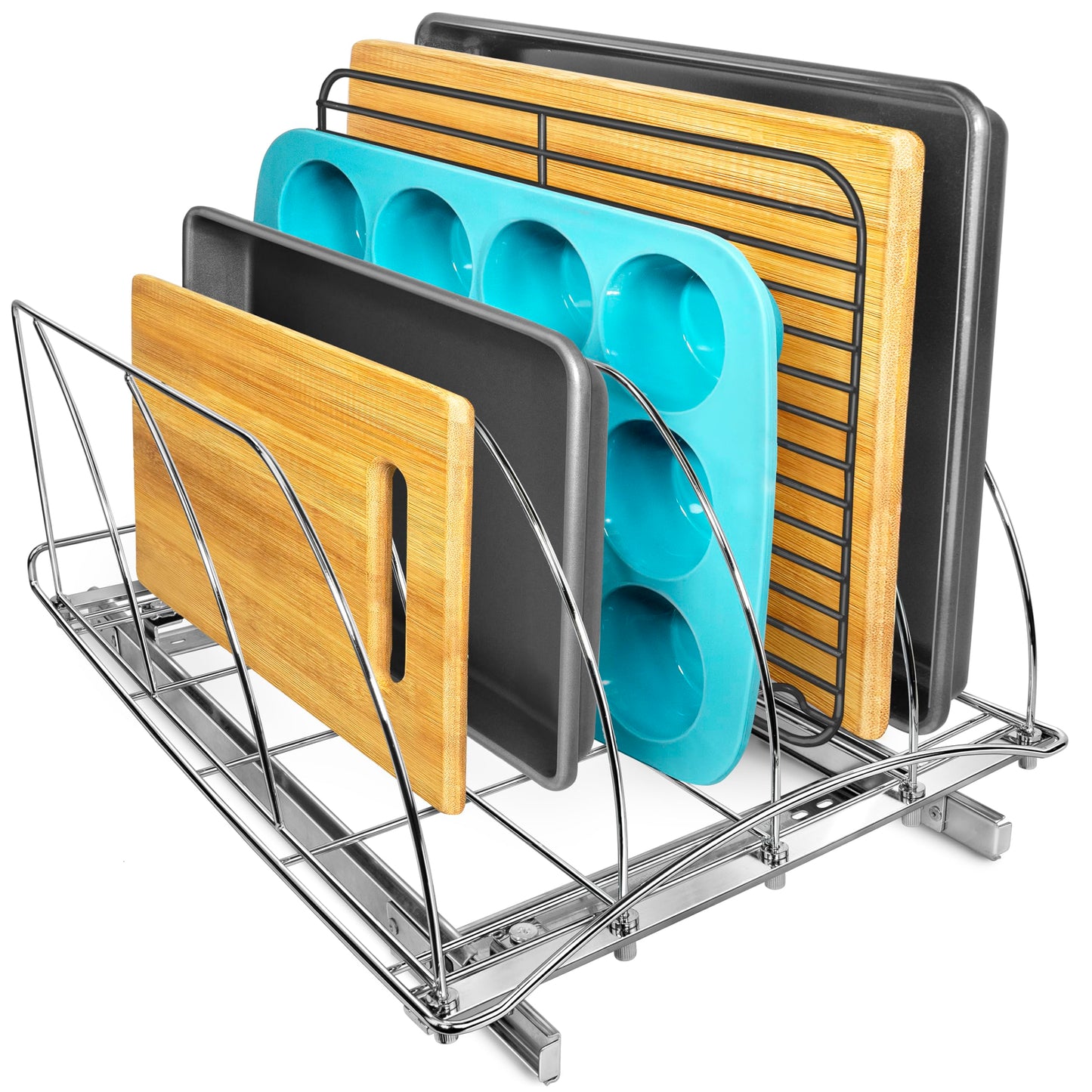 LYNK PROFESSIONAL® Pull Out Cutting Board, Baking Pan, and Cookie Sheet Organizer for Cabinet - Lifetime Ltd. Warranty - Slide Out Kitchen Cabinet Organizers – 14” x 21” Deep – Pull Out Drawer, Chrome