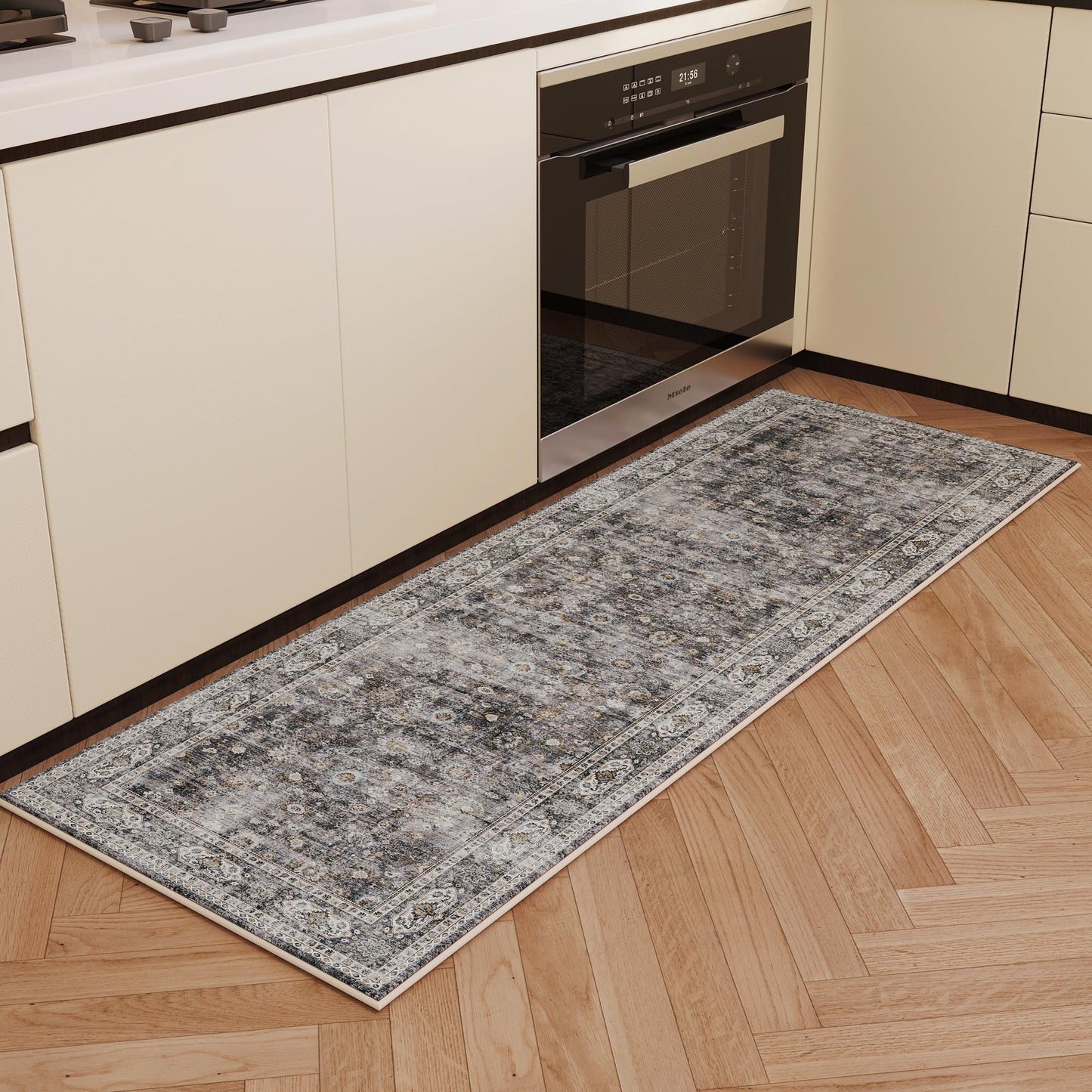 Runner Rug Hallway Runner Rug Washable Kitchen Runner Rugs with Rubber Backing 2'6''x8' 100% Polyester Vintage Rug for Entryway Indoor, Kitchen, Laundry, Bedroom (Grey and Brown)
