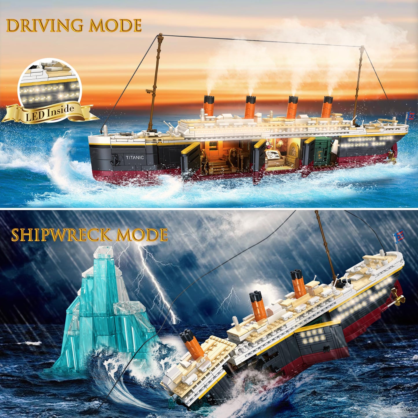LeBrickCrt Titanic Building Blocks Set, 2288 Pieces Big Ship Block Model Set with Light Strip, Glacier, Ideal Gift for Adults and Kids