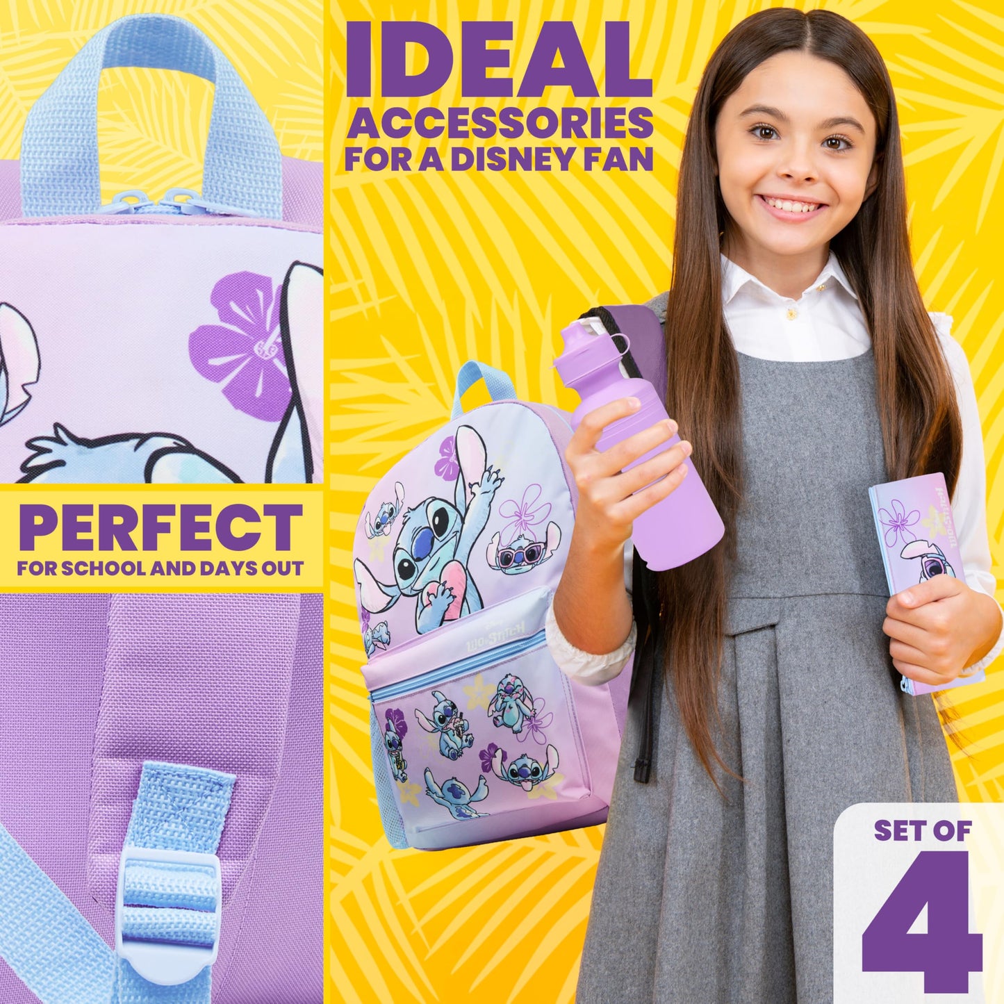 Disney Stitch Backpack Set 4 Pcs with Insulated Lunch Bag Water Bottle Pencil Case Gifts for Kids