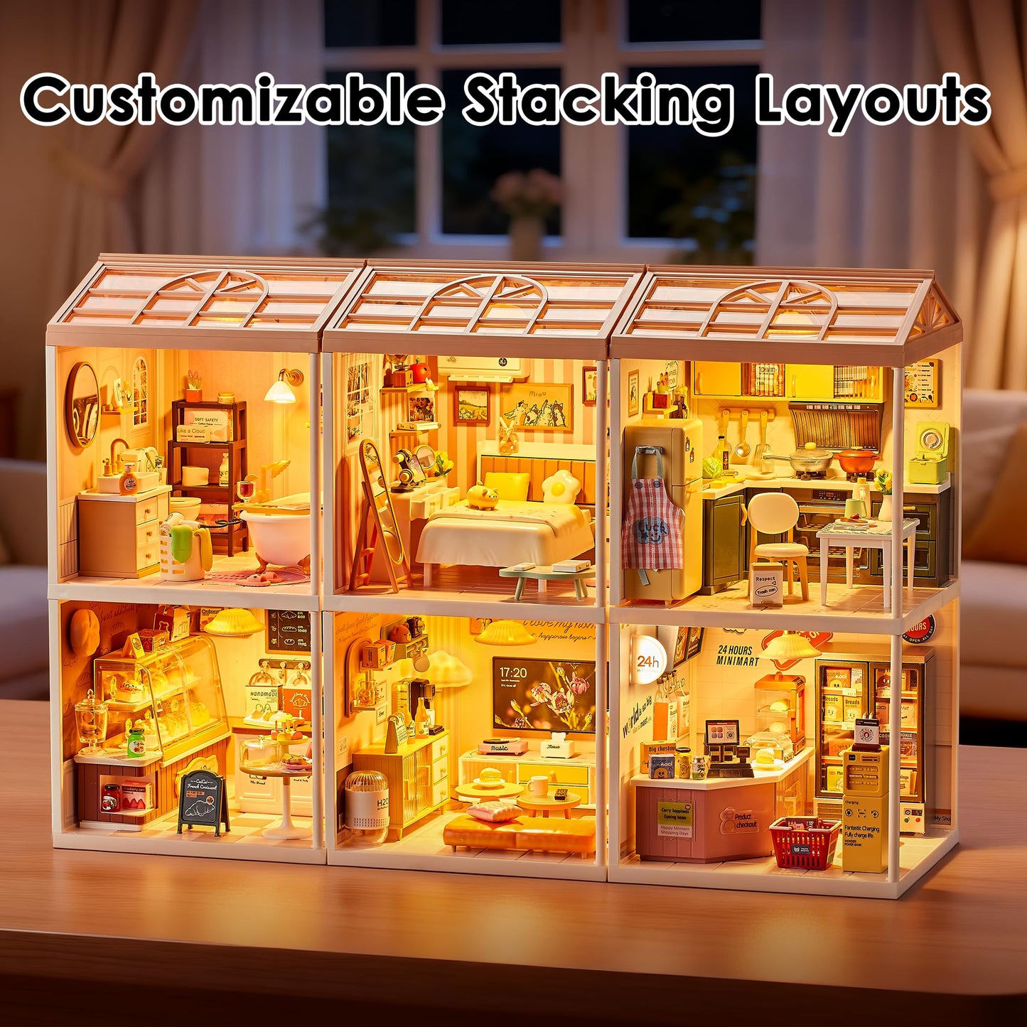 Tkmango Bread Shop DIY Miniature House Kit with Roof & LED Light, Stackable & Connectable Dollhouse Kit with Dustproof Door, Creative DIY Crafts Building Toy Gift for Adults Teens