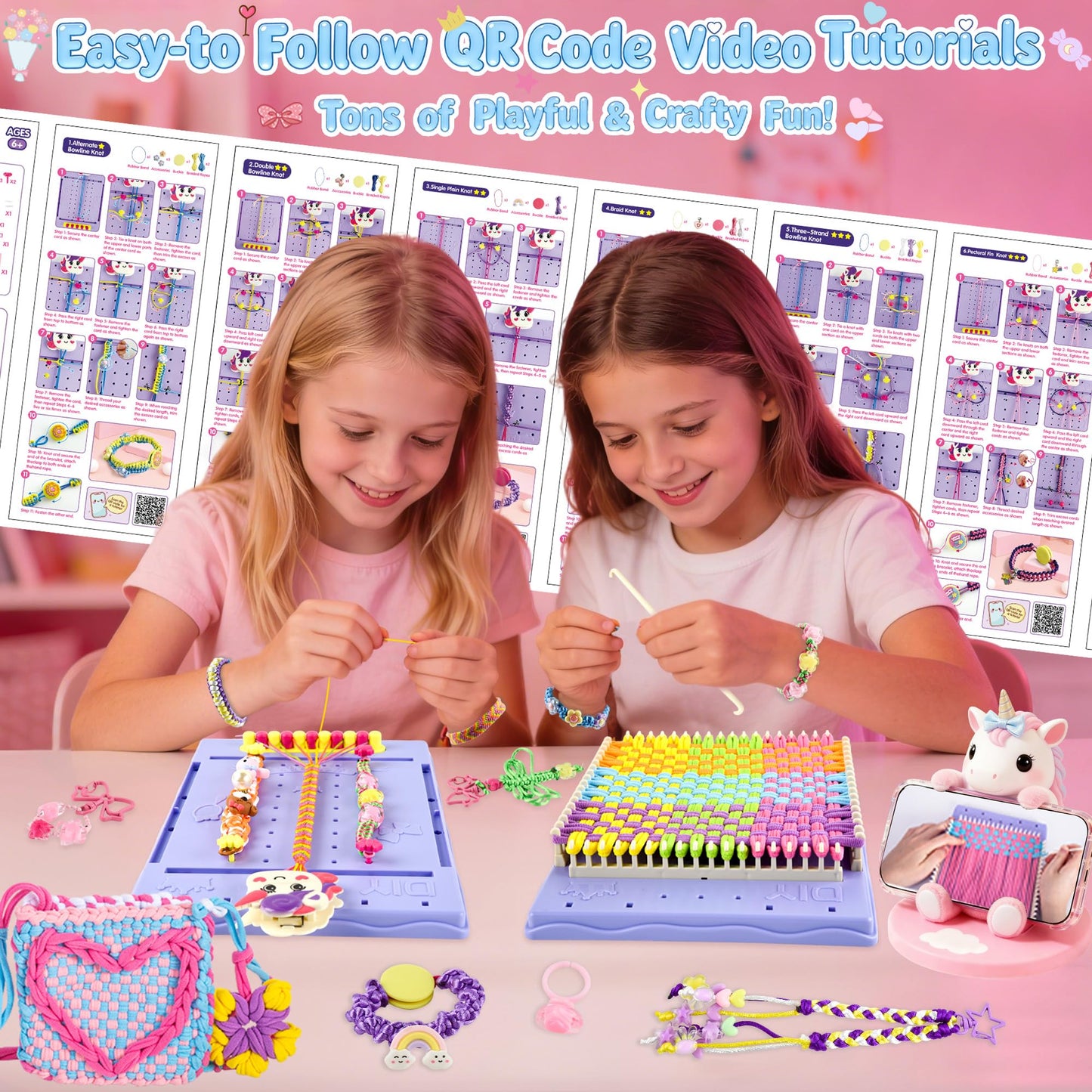 ELFJOY Friendship Bracelet Making Kit,Arts and Crafts Kit for Girls Ages 8 9 10 11 12,Rainbow Weaving Loom for Kids to Make Bracelets Coasters Complete Beginner Weaving Supplies for Christmas Birthday