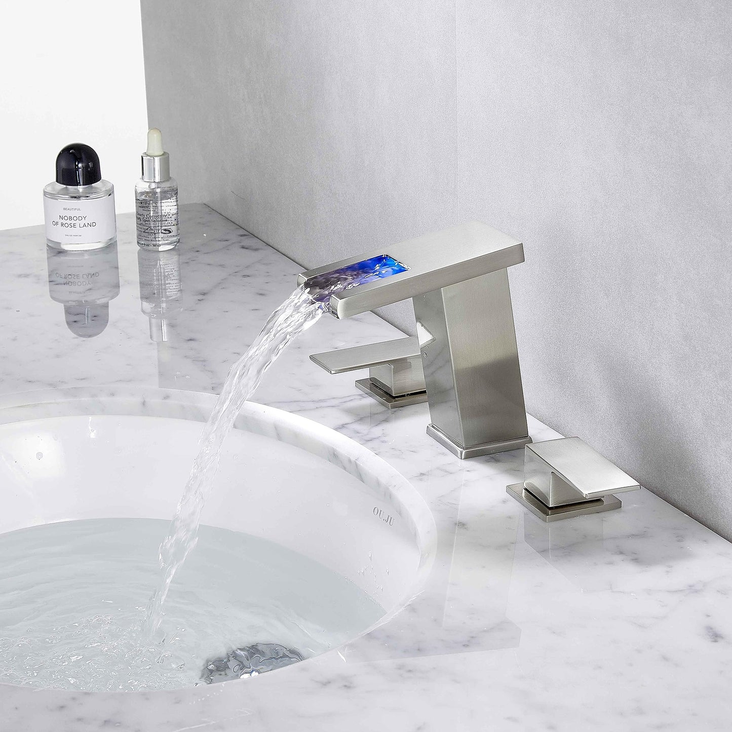 Kyatinsal LED Light Widespread Faucet for 3 Hole Brushed Nickel, 8 inch Widespread Modern Waterfall Bathroom Faucet with Pop Up Drain and Supply Hose, Waterfall Bathroom Sink Faucet Vanity Faucet