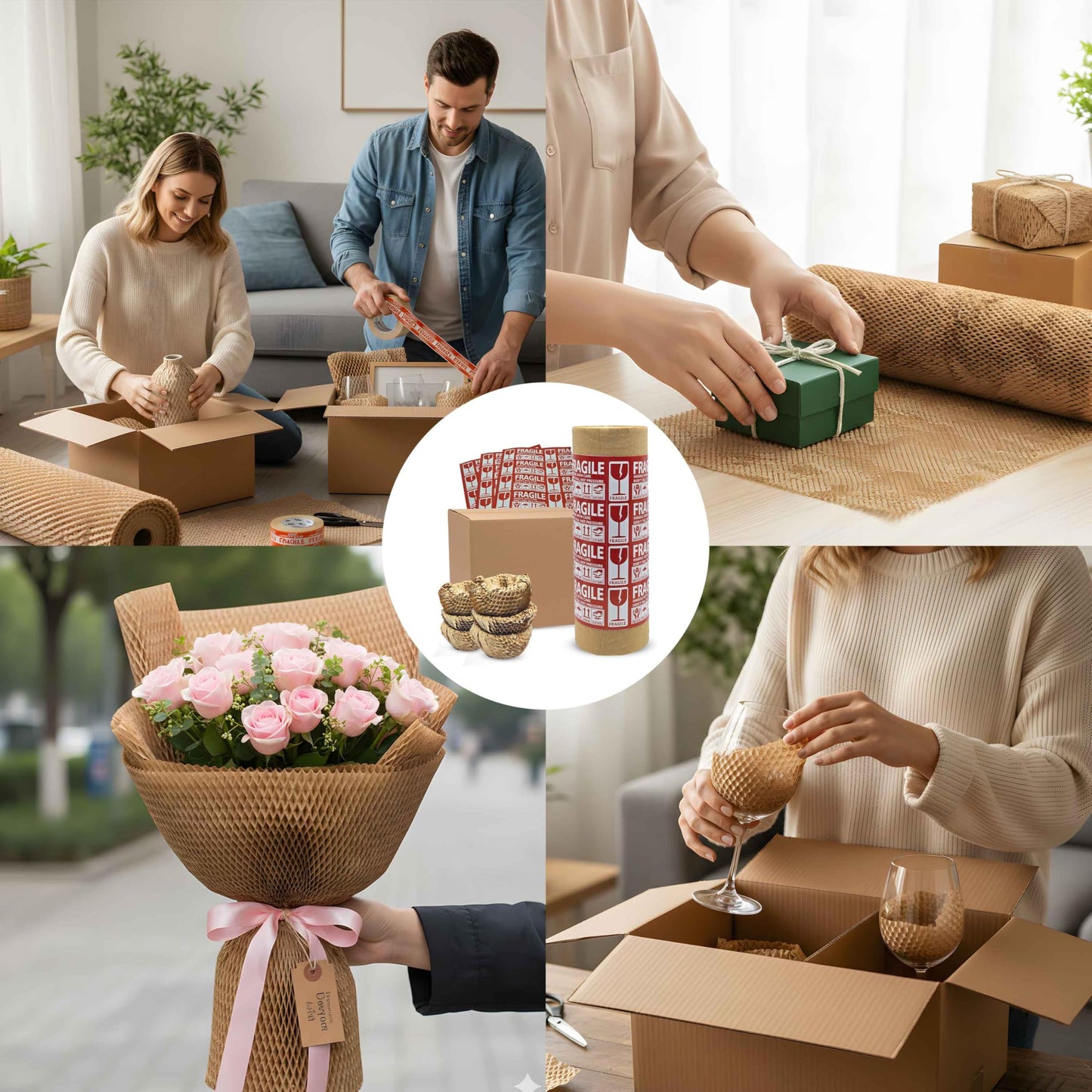 15”x700’ Honeycomb Paper, Honeycomb Packing Paper for Moving Packing Materials for Fragile Items, 2 rolls Each of 350ft With 50 Fragile Sticker Labels