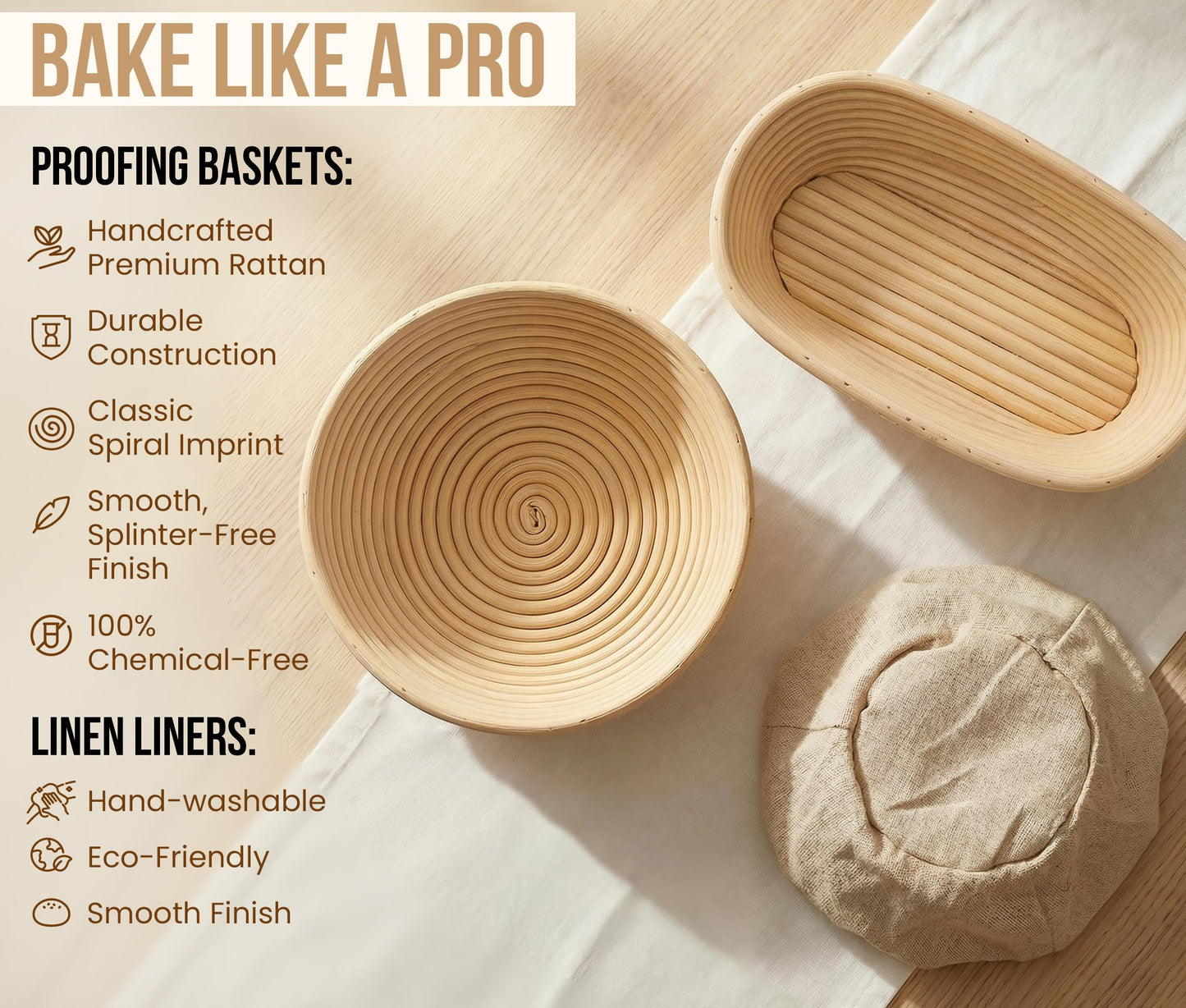 Kook Banneton Bread Proofing Set, Artisan Sourdough Bread Making Kit with Round & Oval Rattan Baskets, Liners, Dough Scrapers, Scoring Lame + Blades, Brush & Dough Cover (Set of 2)