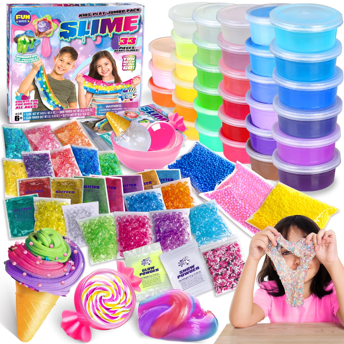 33 Cups Jumbo Slime Kit for Girls and Boys, FunKidz Premade Ultimate Slime Pack to DIY Big Soft Slime Making Kits Super Party Favors Gift Toys for Kids
