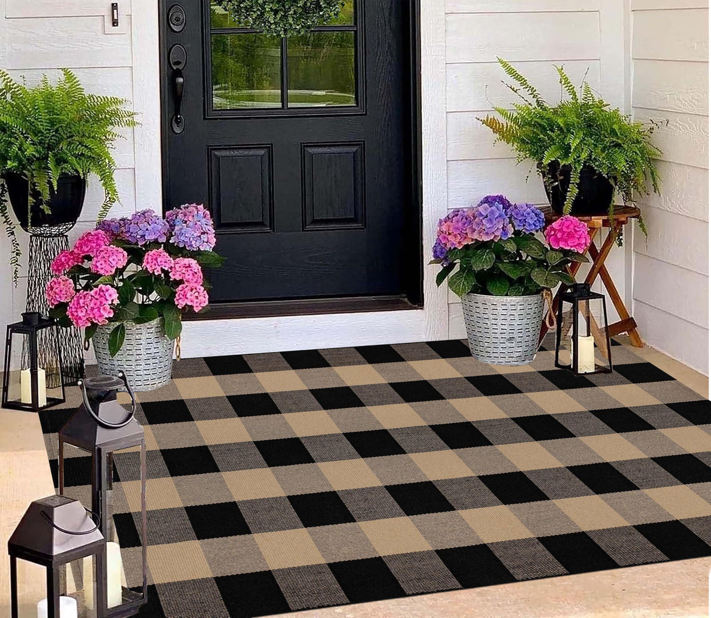 Washable Outdoor Rug 3'x5',Black and Tan Checkered Rug Cotton Woven Washable Farmhouse Front Door Mat Outdoor for Entryway,Patio,Bedroom,Hello Welcome Mat