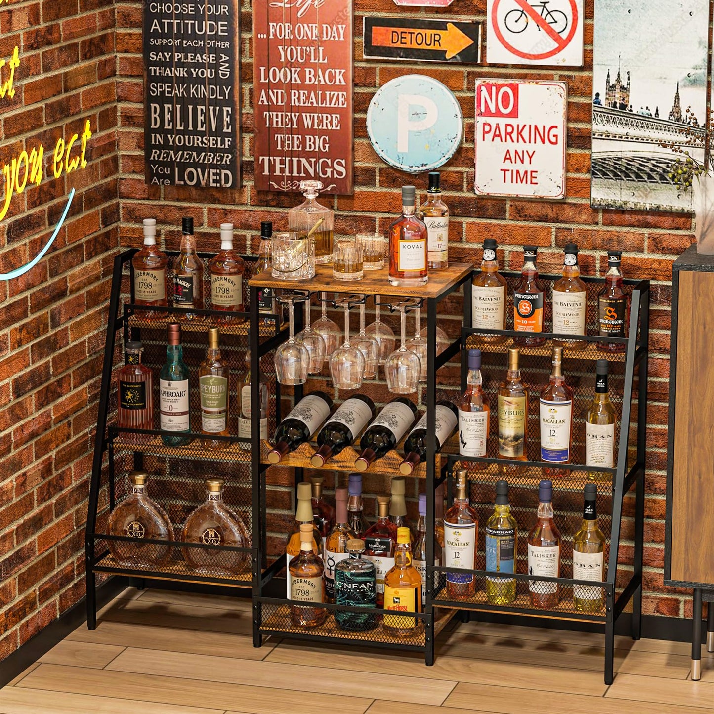 Hayexiha 6-Tier (Safe Height for Kids & Pets) Freestanding Wine Rack with Glass Holders & Fences, Large Bar Cabinet for Home, Liquor Stand for Wine Bottles, Christmas & Holiday Party Wine Shelf