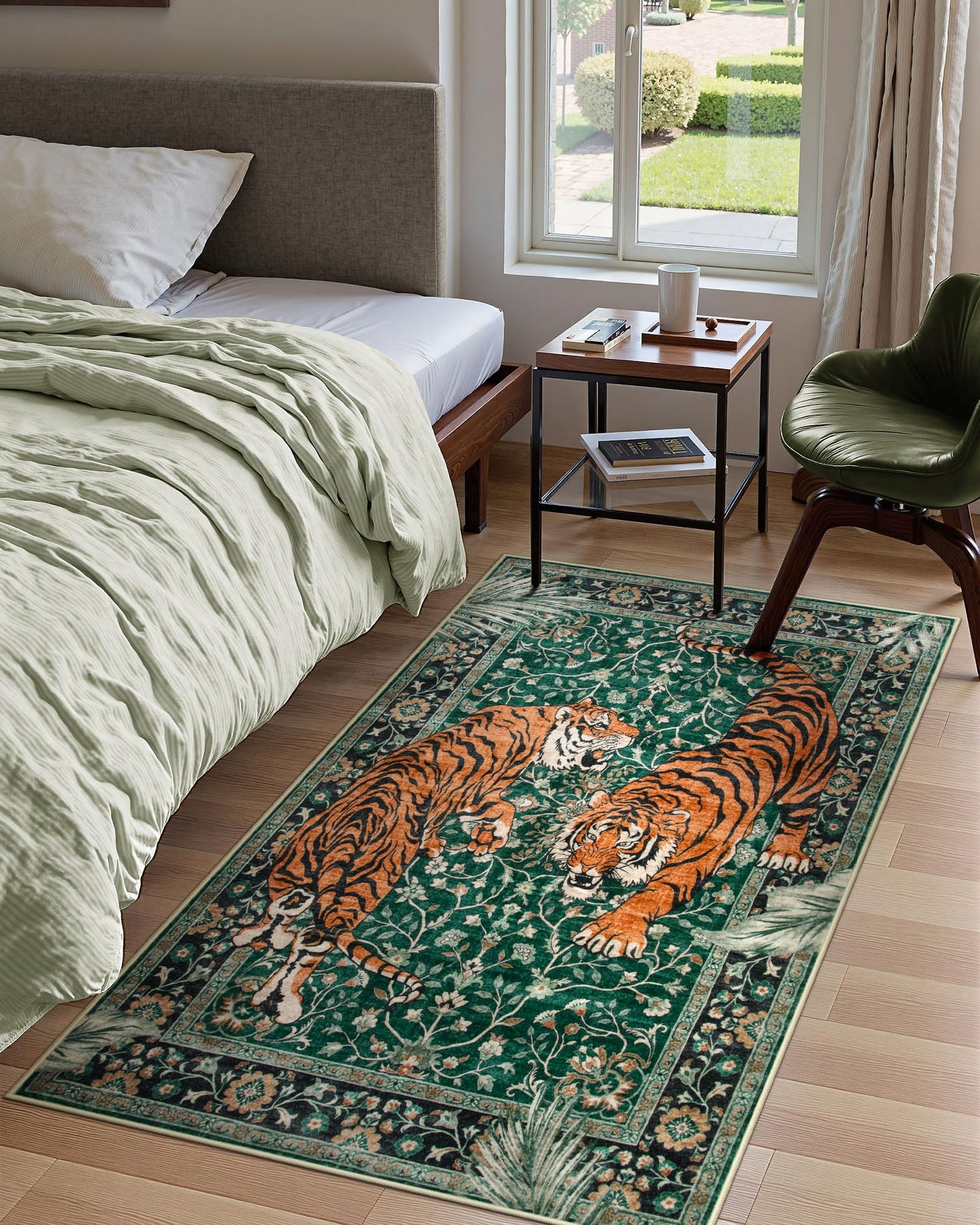 Moynesa Tiger 3x5 Washable Rug, Boho Area Rugs for Entryway, Green Non Slip Small Rug for Bedroom, Ultra Thin Botanical Soft Accent Carpet for Kitchen Entry Laundry Room
