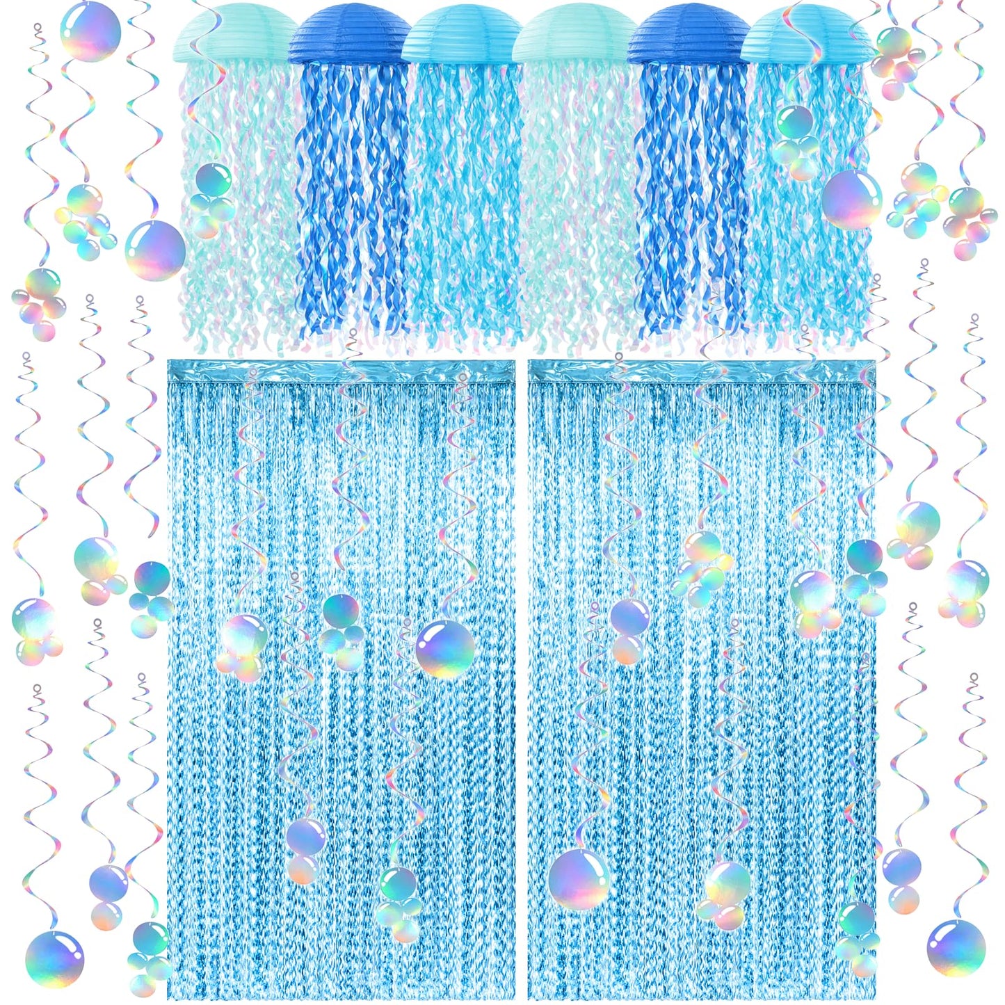 Soulchen 20 Pcs Hanging Jellyfish Paper Lanterns with Tassel Curtains Swirl Bubble Streamers Under The Sea Ocean Themed Mermaid Party Decorations for Birthday Baby Shower Beach Ceiling(Blue)