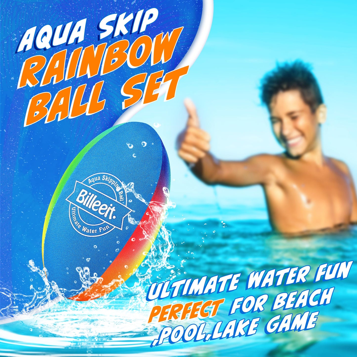 Billeeit 5PCS Water Skipping Balls Set for Pool, Beach & Lake Play, Floating TPR Bounce Balls and Water Discs with Mesh Bag for Kids 3+ and Adults