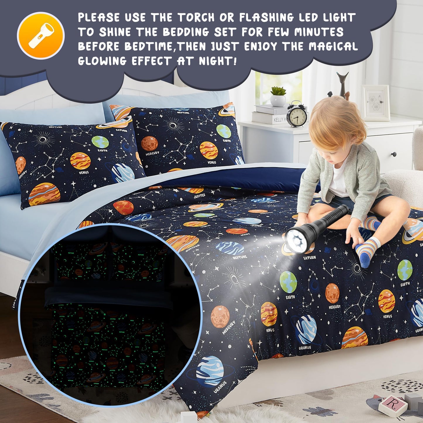 Twin Kids Comforter Set - 5 Pieces Twin Bedding Sets for Boys Girls Teen, Glow in The Dark Space Bed in A Bag with Sheets