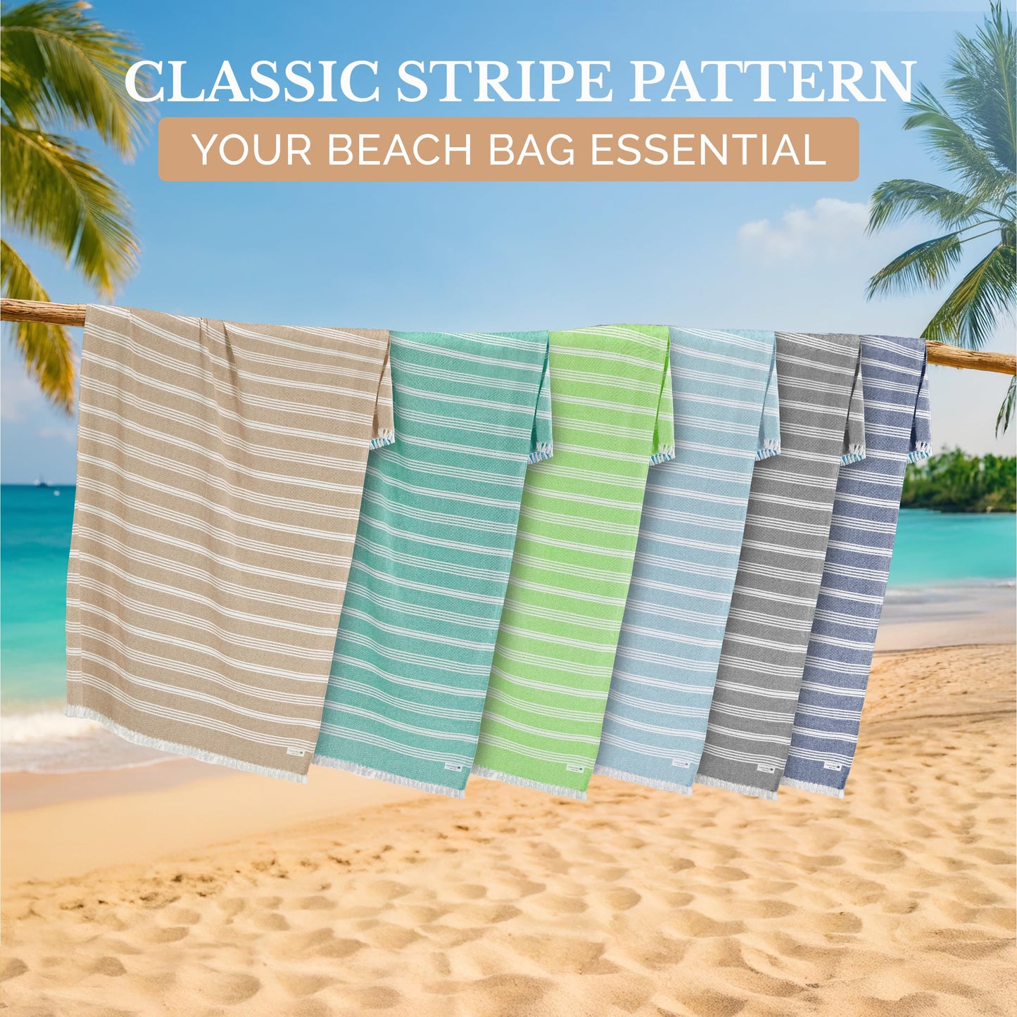 Casa Platino Turkish Beach Towels Set of 6, Lightweight and Soft Quick Dry Towels, Pre-Washed and Sand Free, Ideal for Travel, Summer Vacations, Family Trips, or Resort Pool Use – 39"x71" Beach Grass