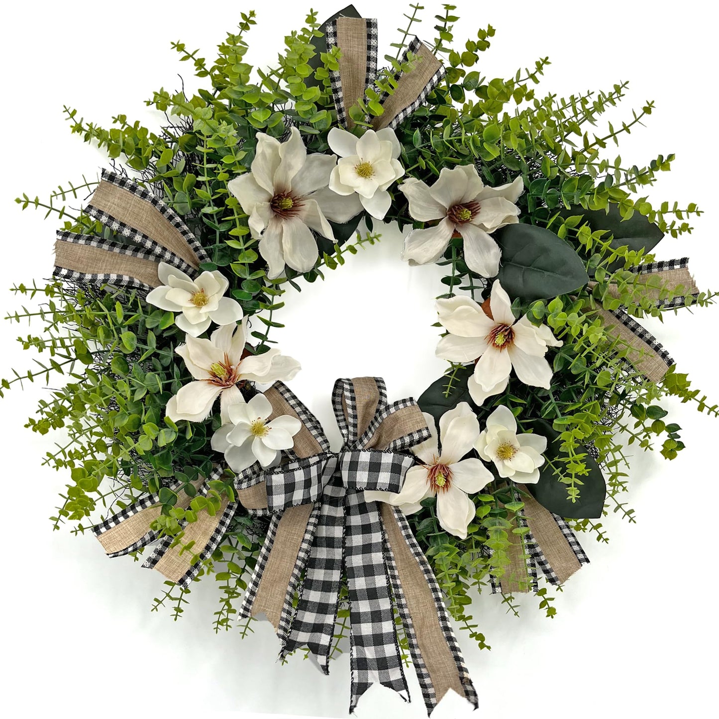 IVKHE 24 Inch Artificial Magnolia Wreath for Front Door – Farmhouse Boxwood Greenery Wreath with Buffalo Plaid Bow, Year-Round Rustic Home Wall Decor for Porch, Entryway, Living Room