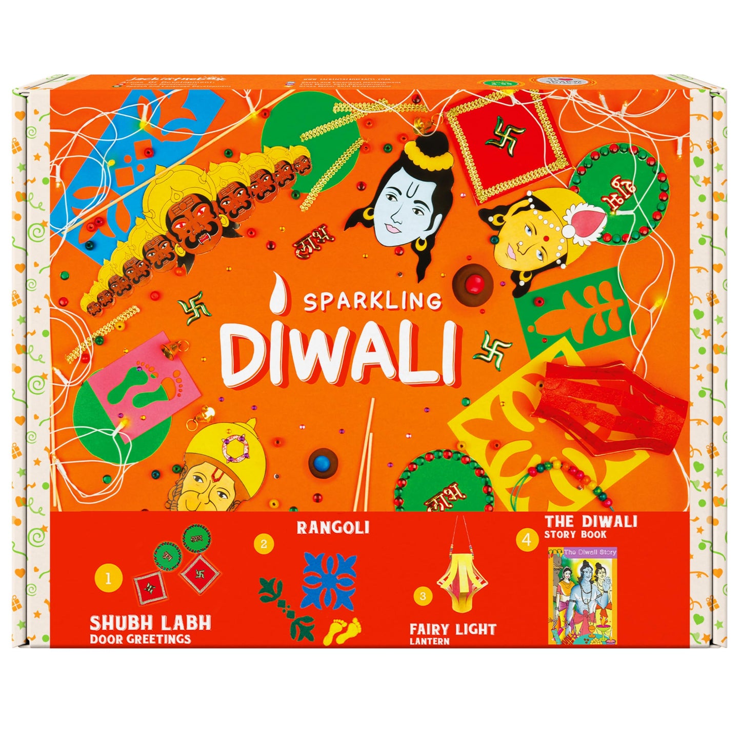 jackinthebox Diwali 4-in-1 Craft Kit for Kids & Adults, Great Diwali Gift for Girls, Boys 5 Years and up, 4 Activities - Rangoli, Shubh Labh Door Greetings, Diwali Lantern & Diwali Story Book