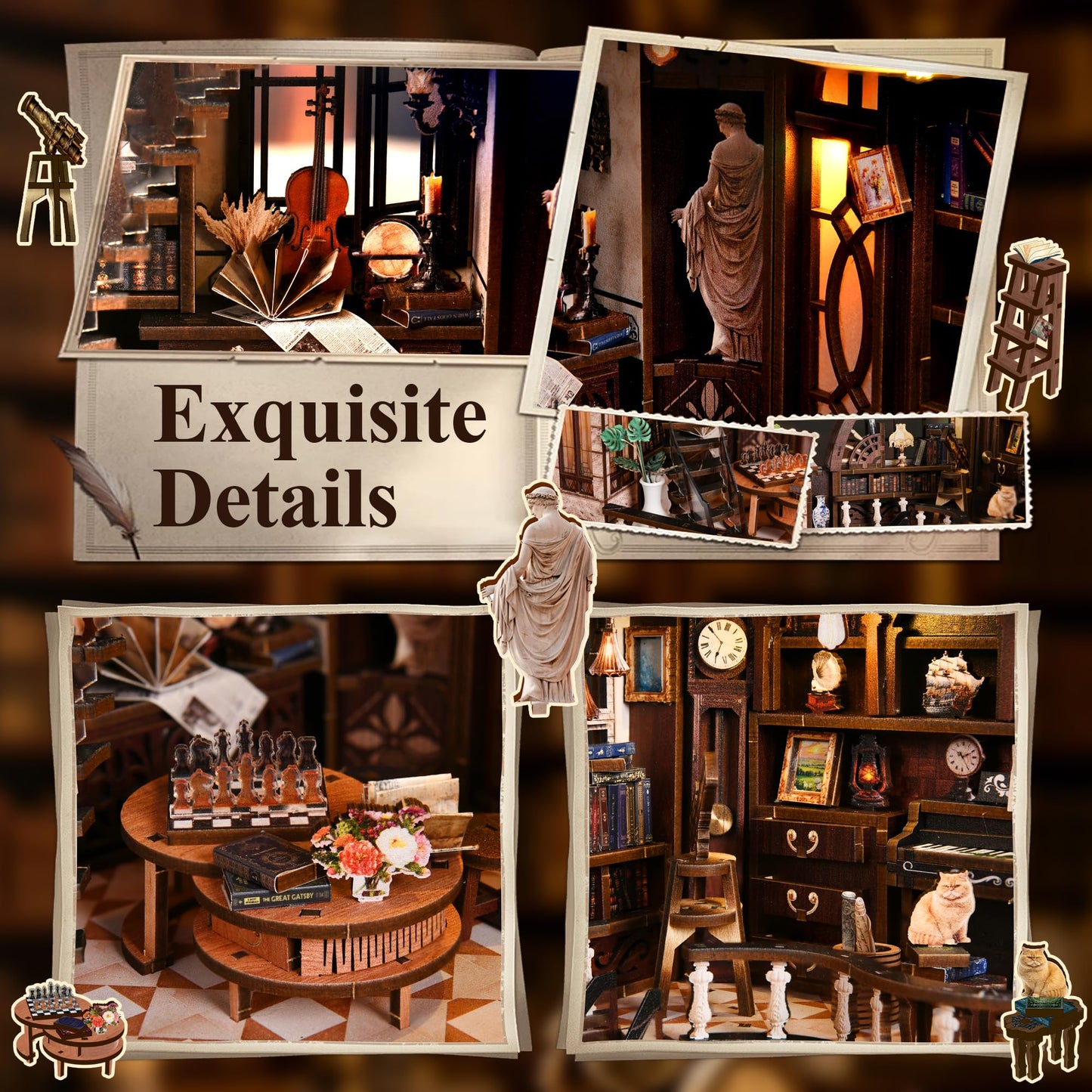 SUNNINO Library Book Nook Kits for Adults, DIY Miniature Dollhouse Bacchus Book Nook Kit, 3D Wooden Puzzle Bookshelf Decor Craft Kits Gift with Led Light for Friend Family